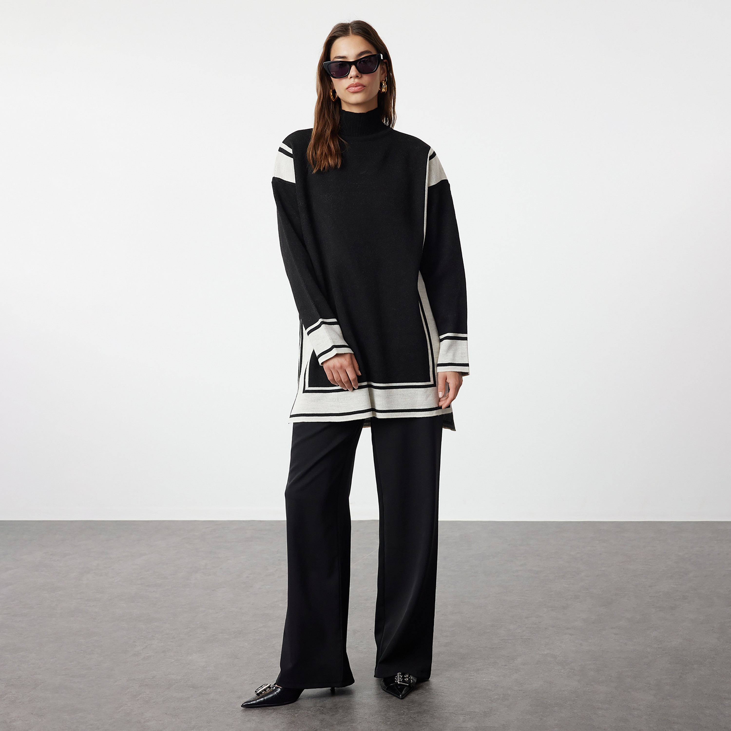 Trendyol Modest Black Striped High Neck Dropped Sleeves Women's Sweater & Pants Set-women-clothing-coordsets-image-1