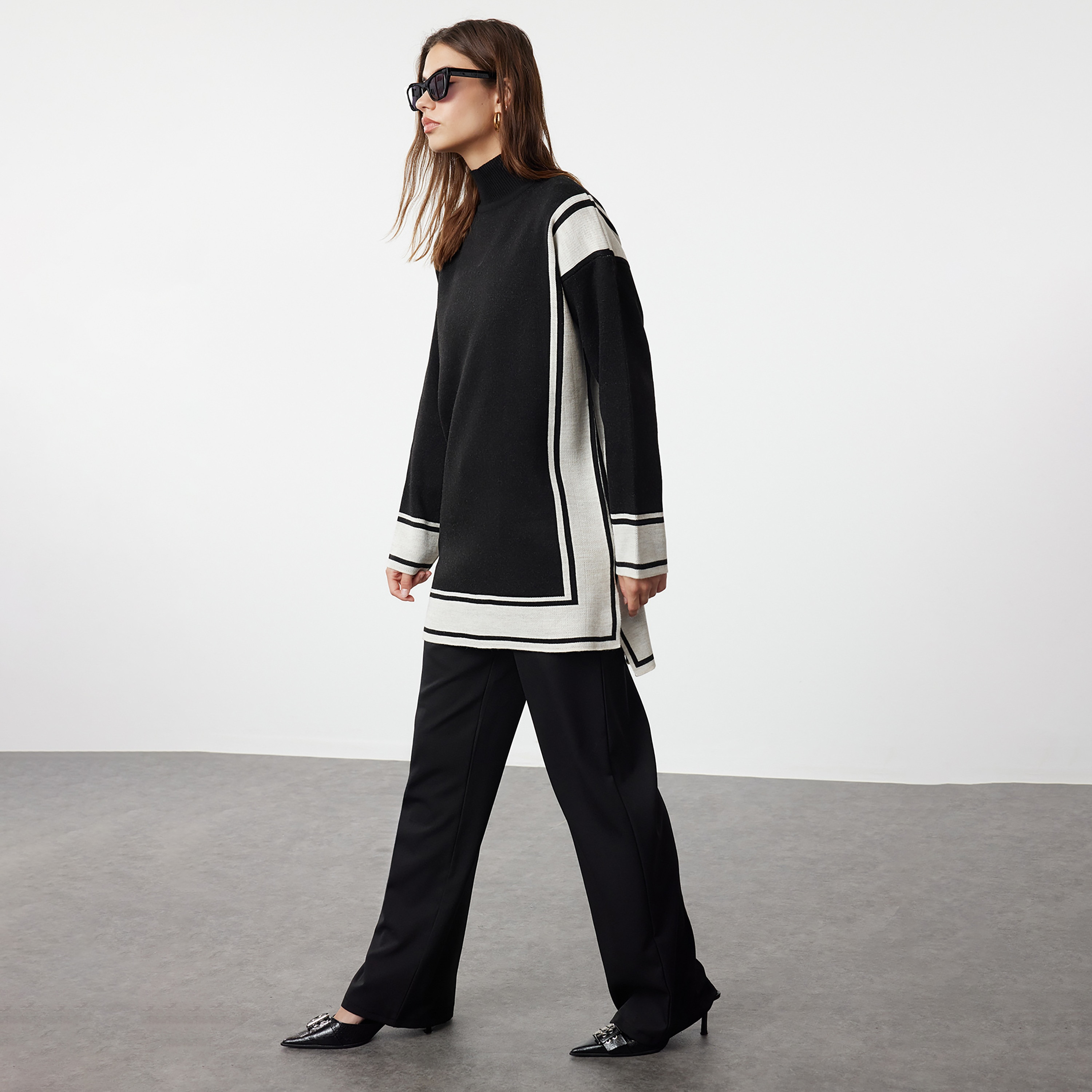 Trendyol Modest Black Striped High Neck Dropped Sleeves Women's Sweater & Pants Set-women-clothing-coordsets-image-2