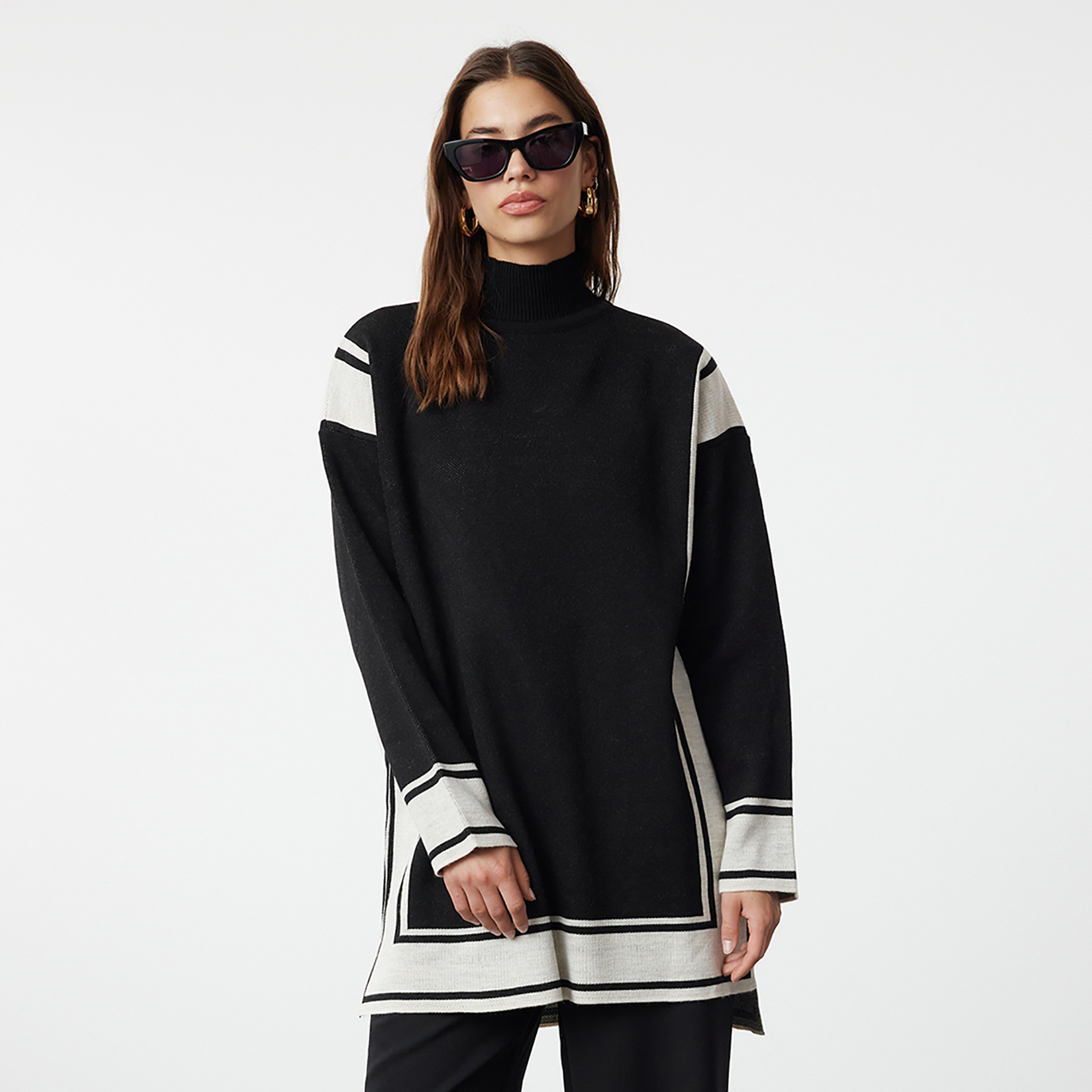 Trendyol Modest Black Striped High Neck Dropped Sleeves Women's Sweater & Pants Set-women-clothing-coordsets-image-3