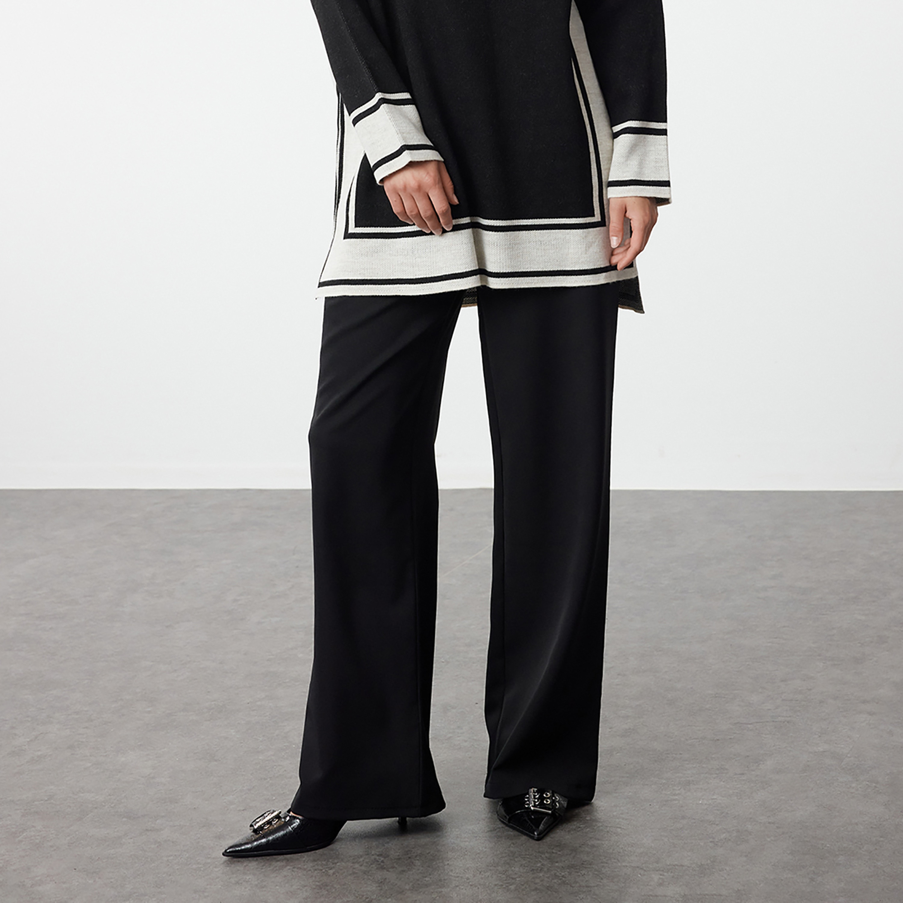 Trendyol Modest Black Striped High Neck Dropped Sleeves Women's Sweater & Pants Set-women-clothing-coordsets-image-4