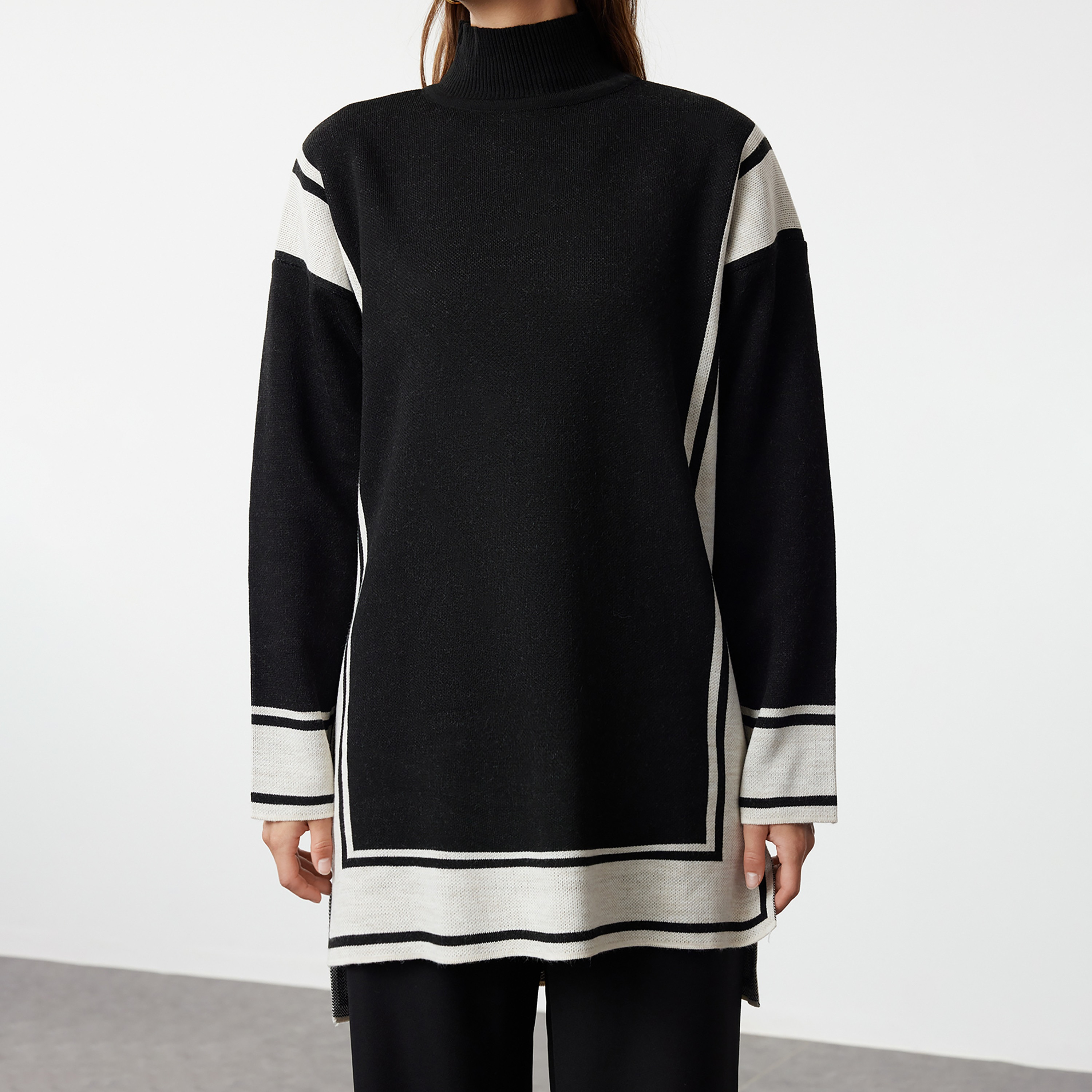 Trendyol Modest Black Striped High Neck Dropped Sleeves Women's Sweater & Pants Set-women-clothing-coordsets-image-5
