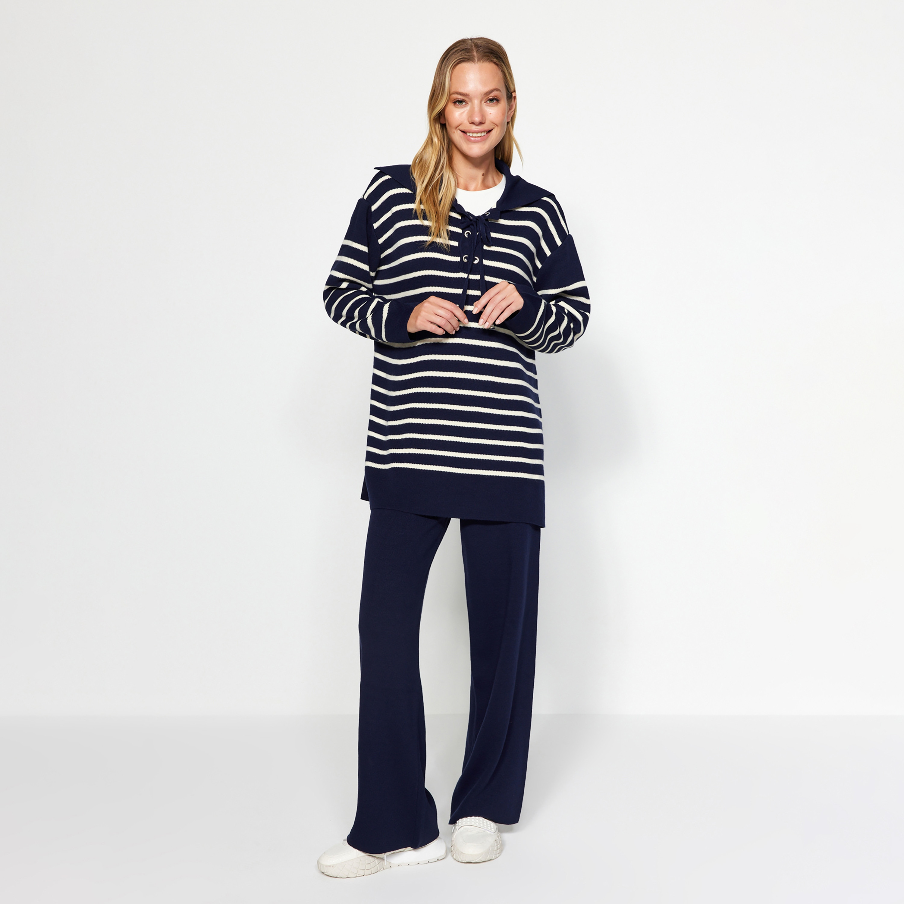 Trendyol Modest Striped Sailor Collar Dropped Sleeves Women's Sweater & Pants Set-women-clothing-coordsets-image-1