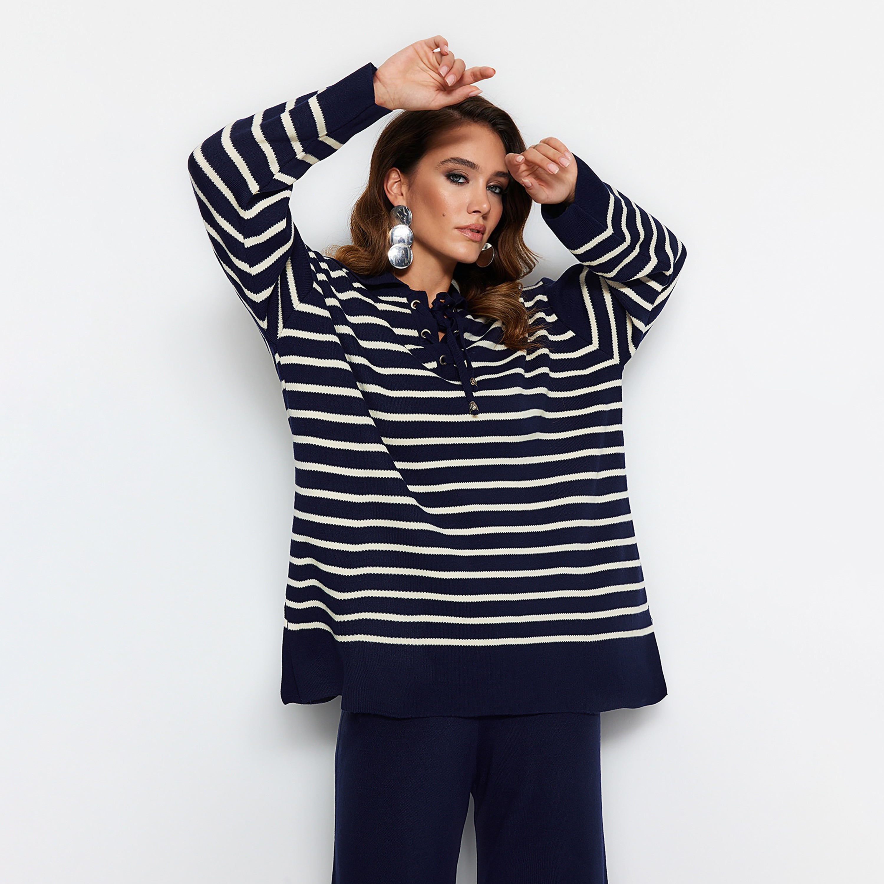 Trendyol Modest Striped Sailor Collar Dropped Sleeves Women's Sweater & Pants Set-women-clothing-coordsets-image-11