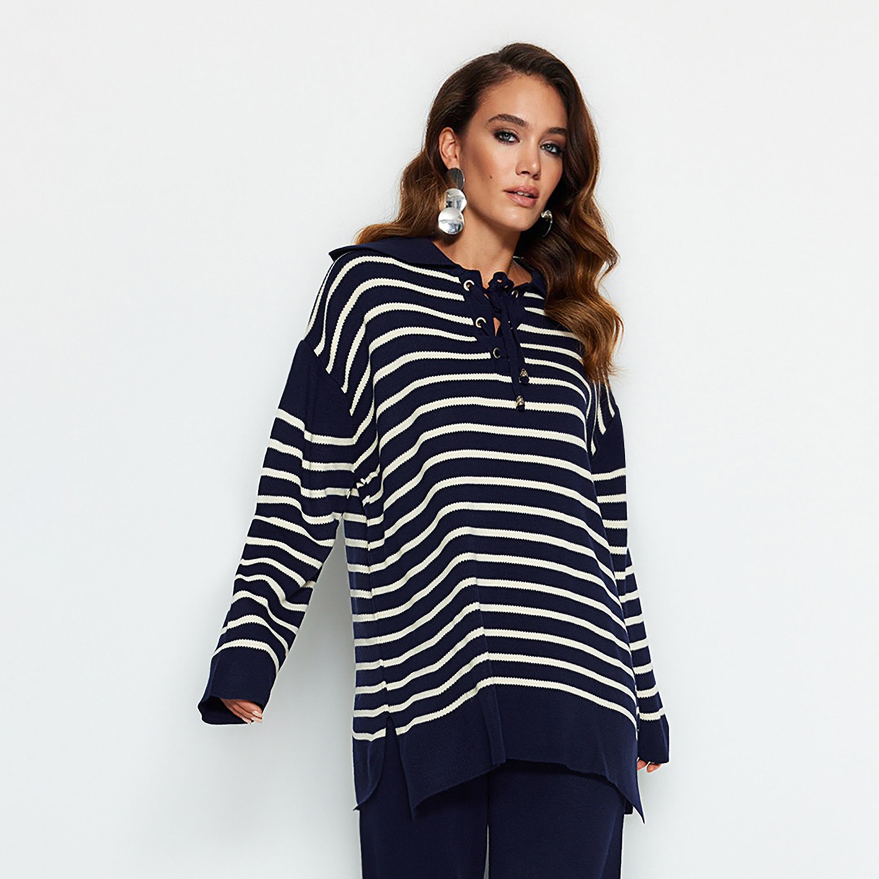 Trendyol Modest Striped Sailor Collar Dropped Sleeves Women's Sweater & Pants Set-women-clothing-coordsets-image-6