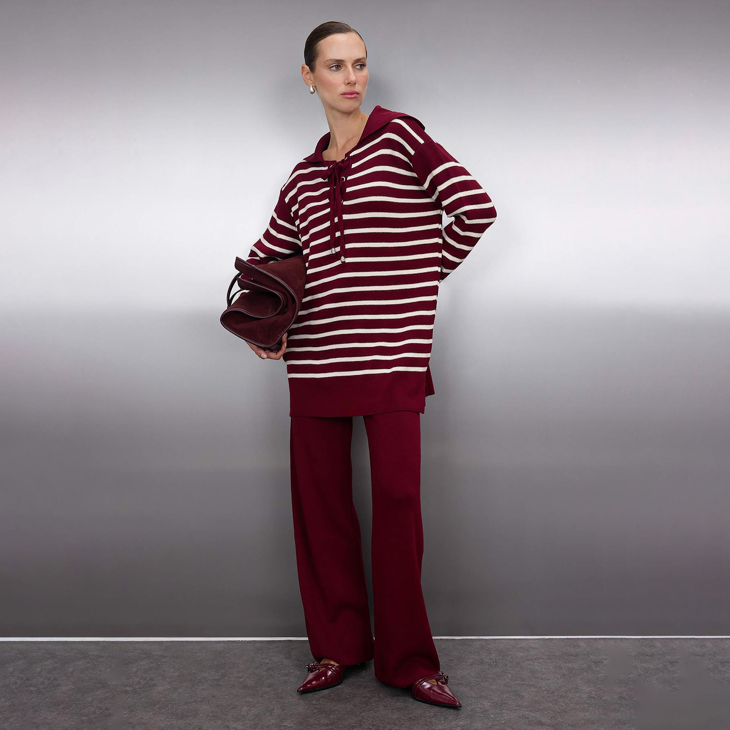 Trendyol Modest Striped Sailor Collar Dropped Sleeves Women's Sweater & Pants Set-women-clothing-coordsets-image-1