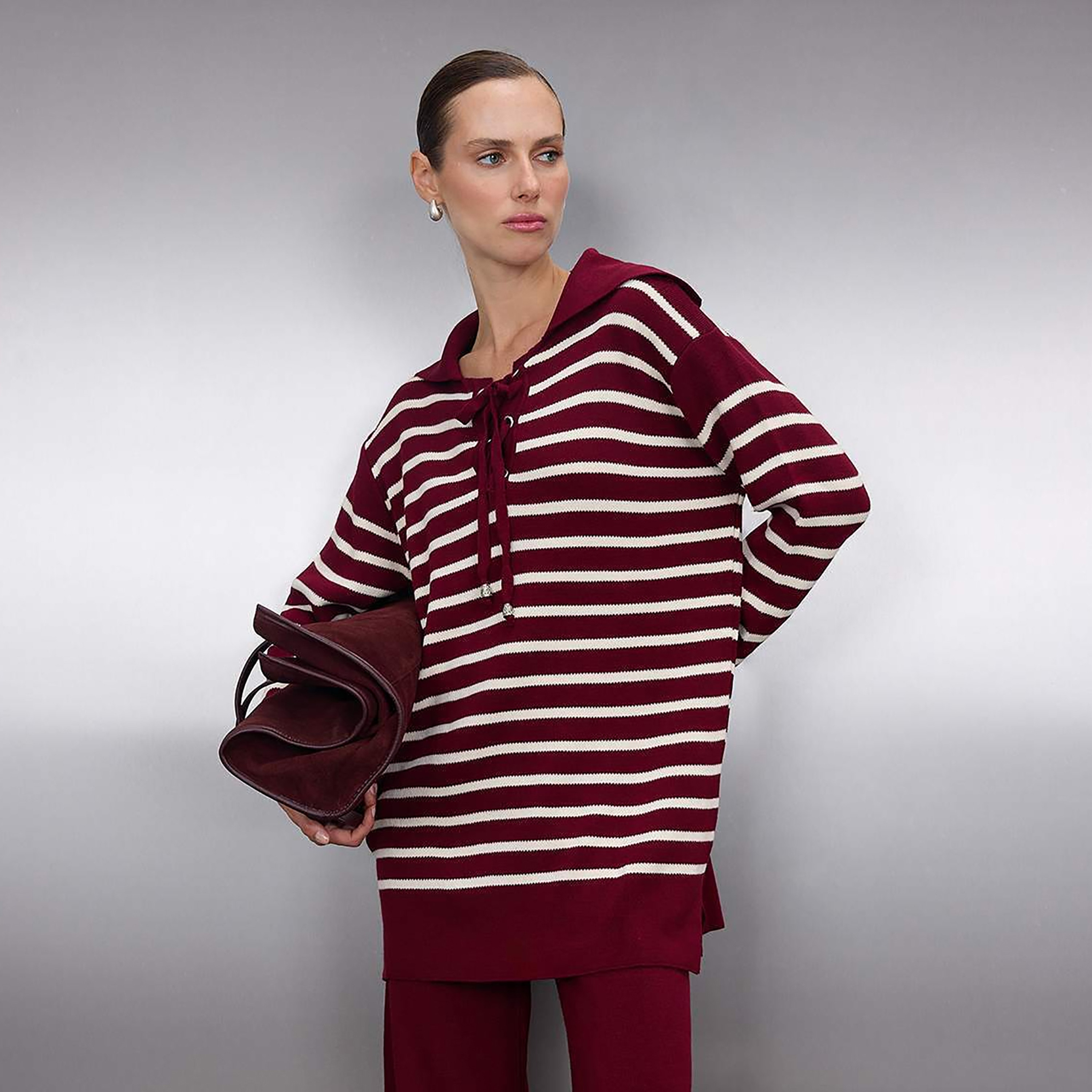 Trendyol Modest Striped Sailor Collar Dropped Sleeves Women's Sweater & Pants Set-women-clothing-coordsets-image-2