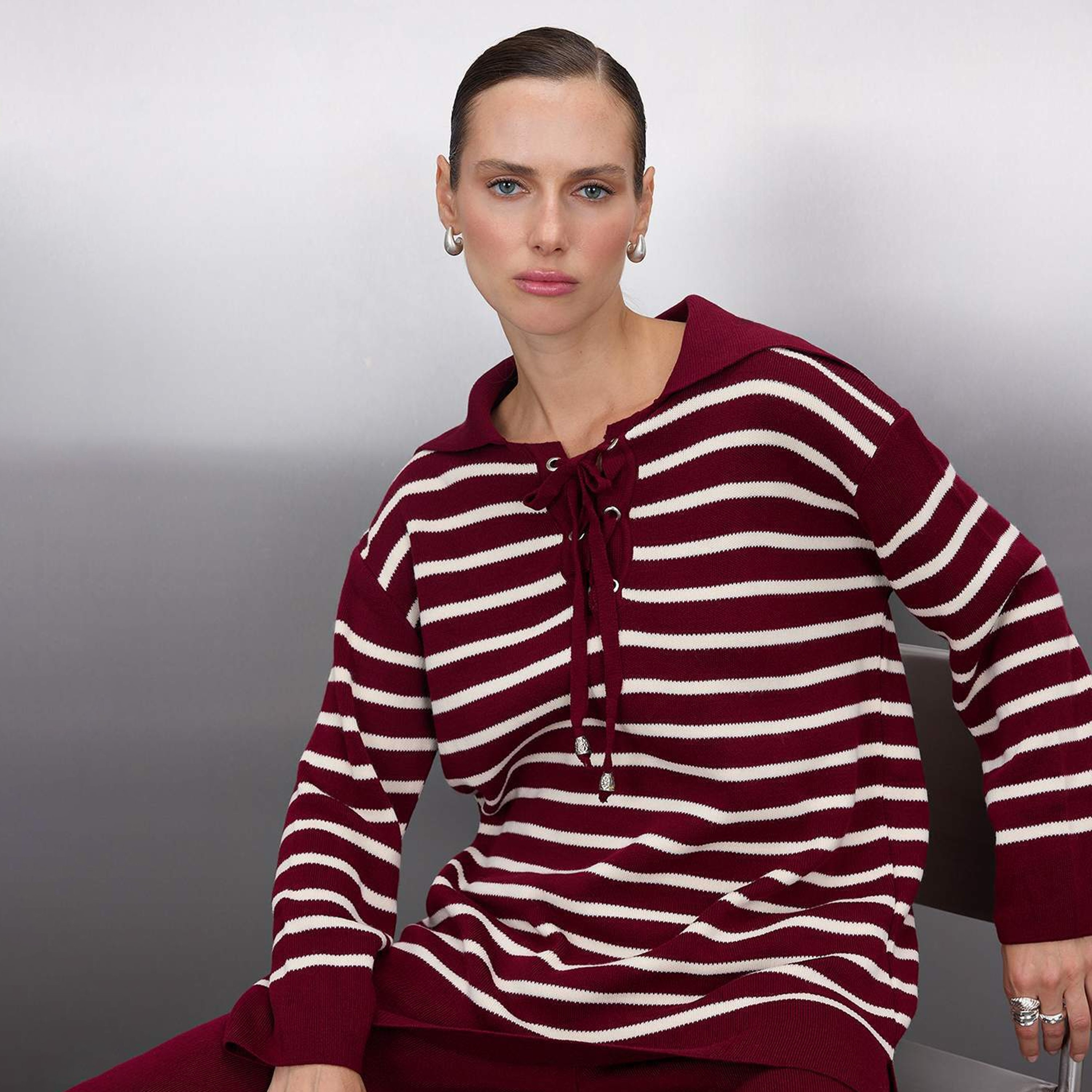 Trendyol Modest Striped Sailor Collar Dropped Sleeves Women's Sweater & Pants Set-women-clothing-coordsets-image-5