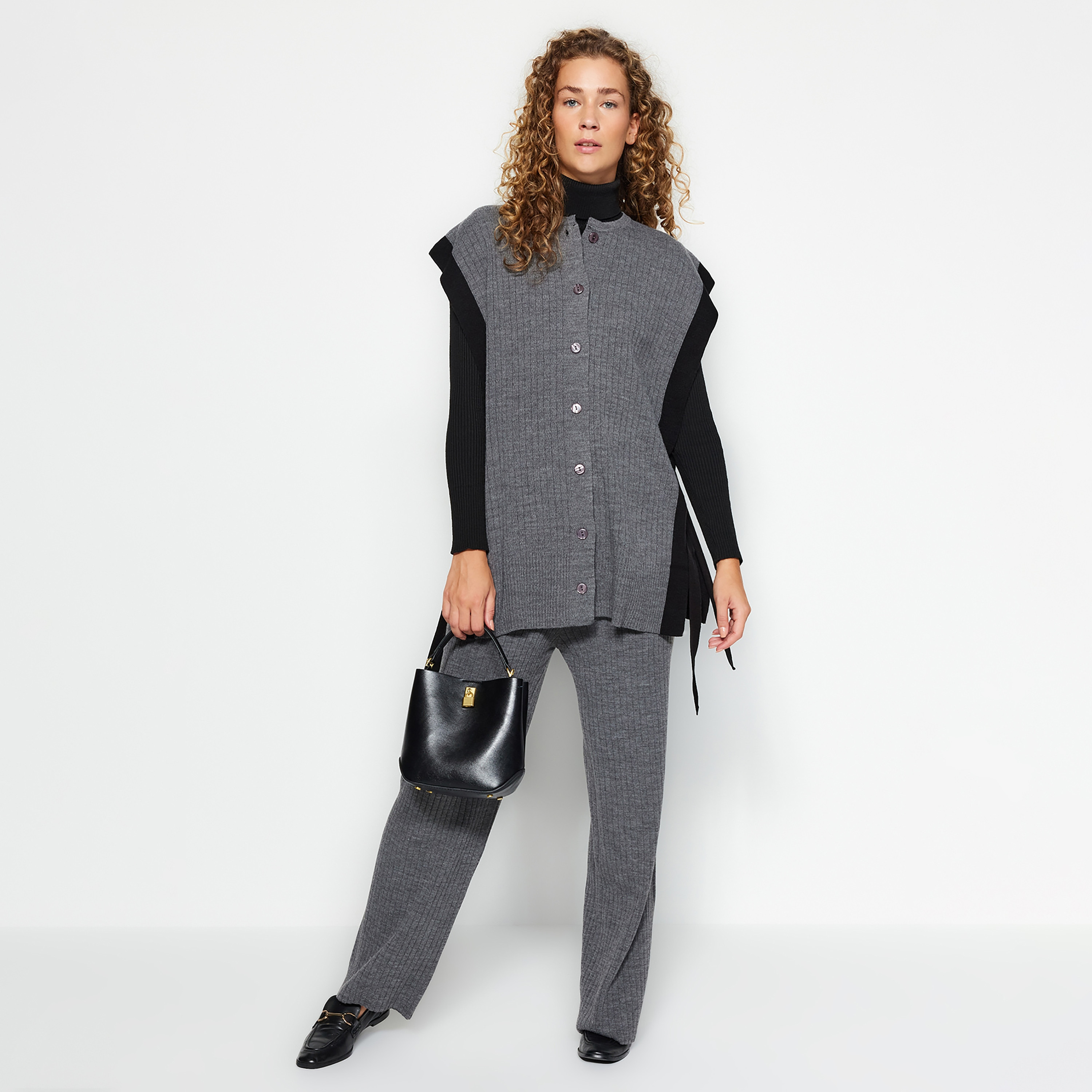 Trendyol Modest Grey Ribbed Women's Cardigan & Pants Set-women-clothing-coordsets-image-1