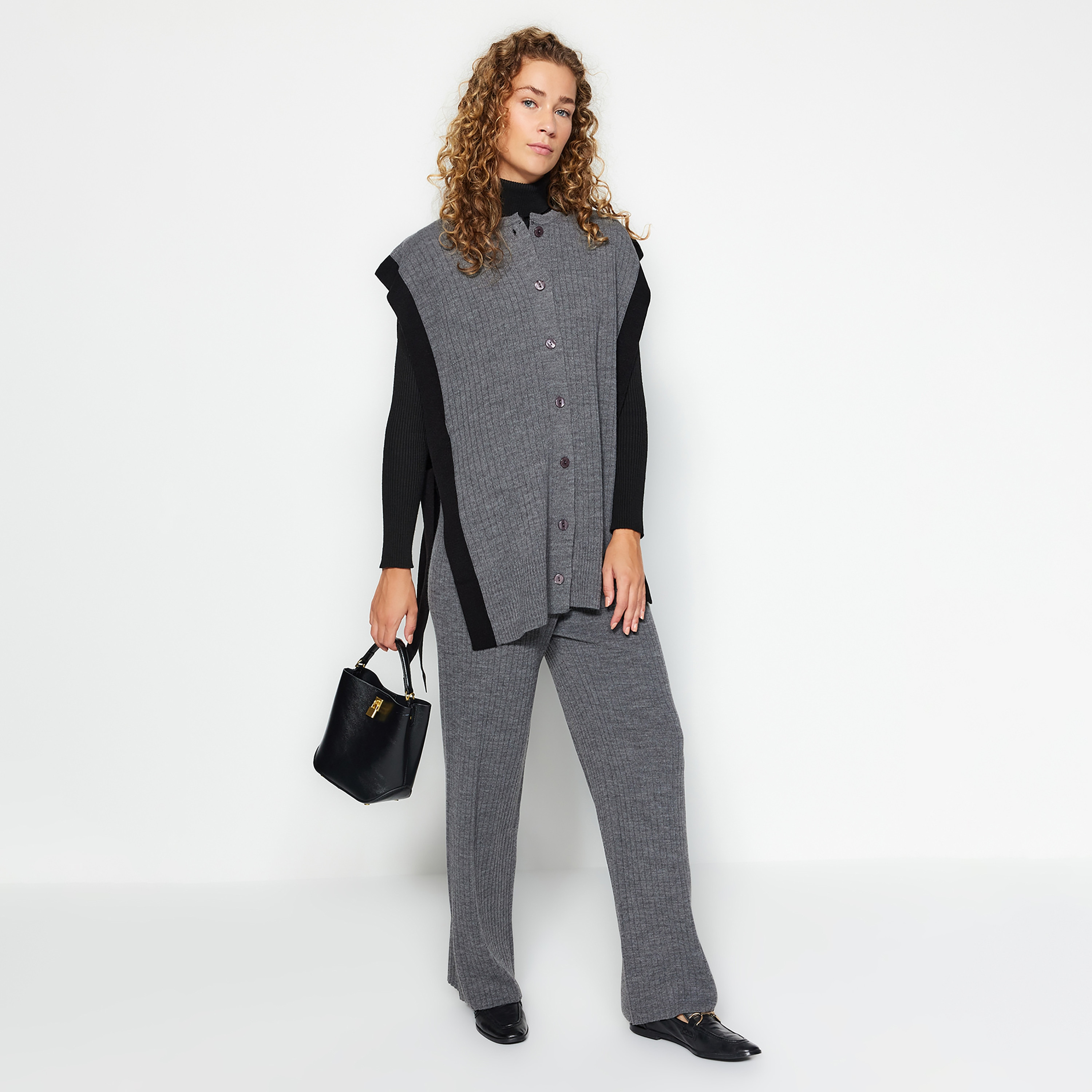 Trendyol Modest Grey Ribbed Women's Cardigan & Pants Set-women-clothing-coordsets-image-2