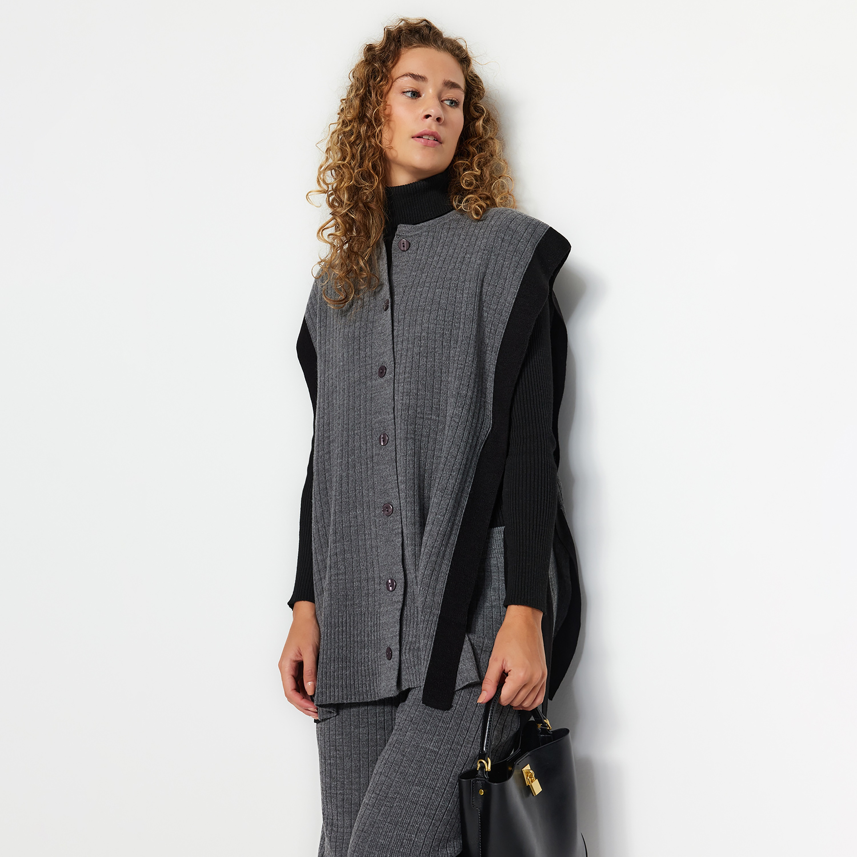Trendyol Modest Grey Ribbed Women's Cardigan & Pants Set-women-clothing-coordsets-image-3