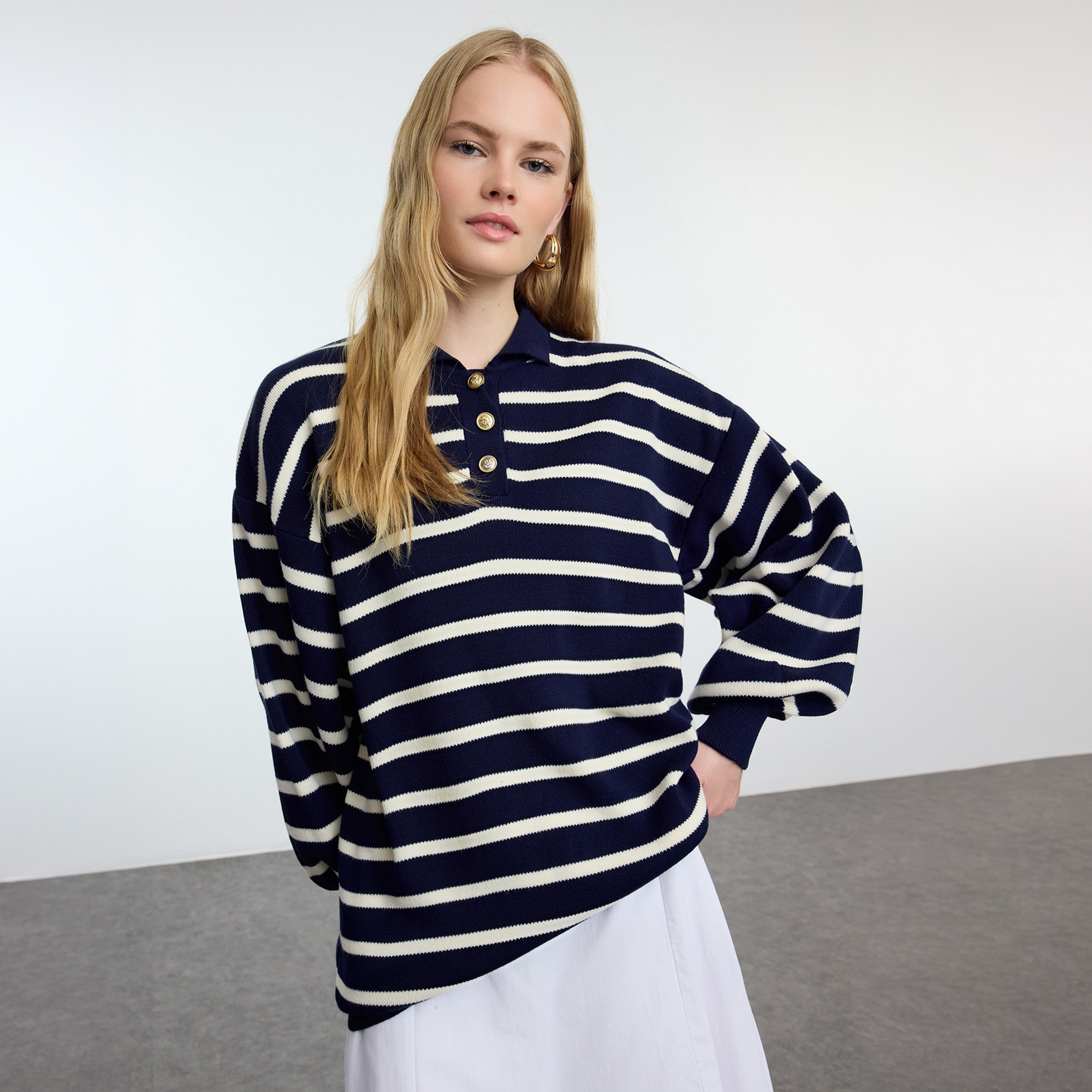 Trendyol Modest Navy Striped Collared Dropped Sleeves Women's Sweater-women-winterwear-cardigansandjumpers-jumpers-image-1