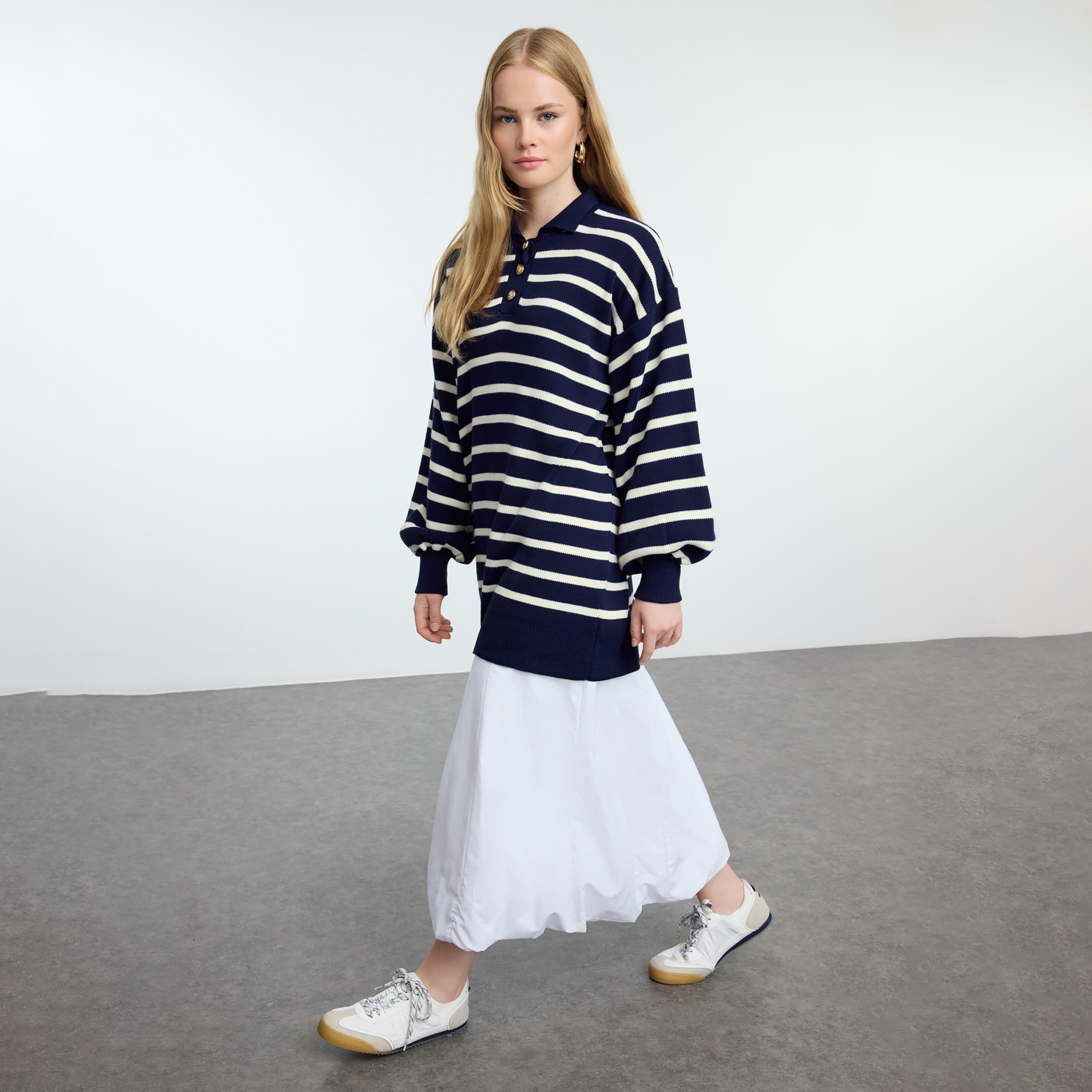 Trendyol Modest Navy Striped Collared Dropped Sleeves Women's Sweater-women-winterwear-cardigansandjumpers-jumpers-image-2