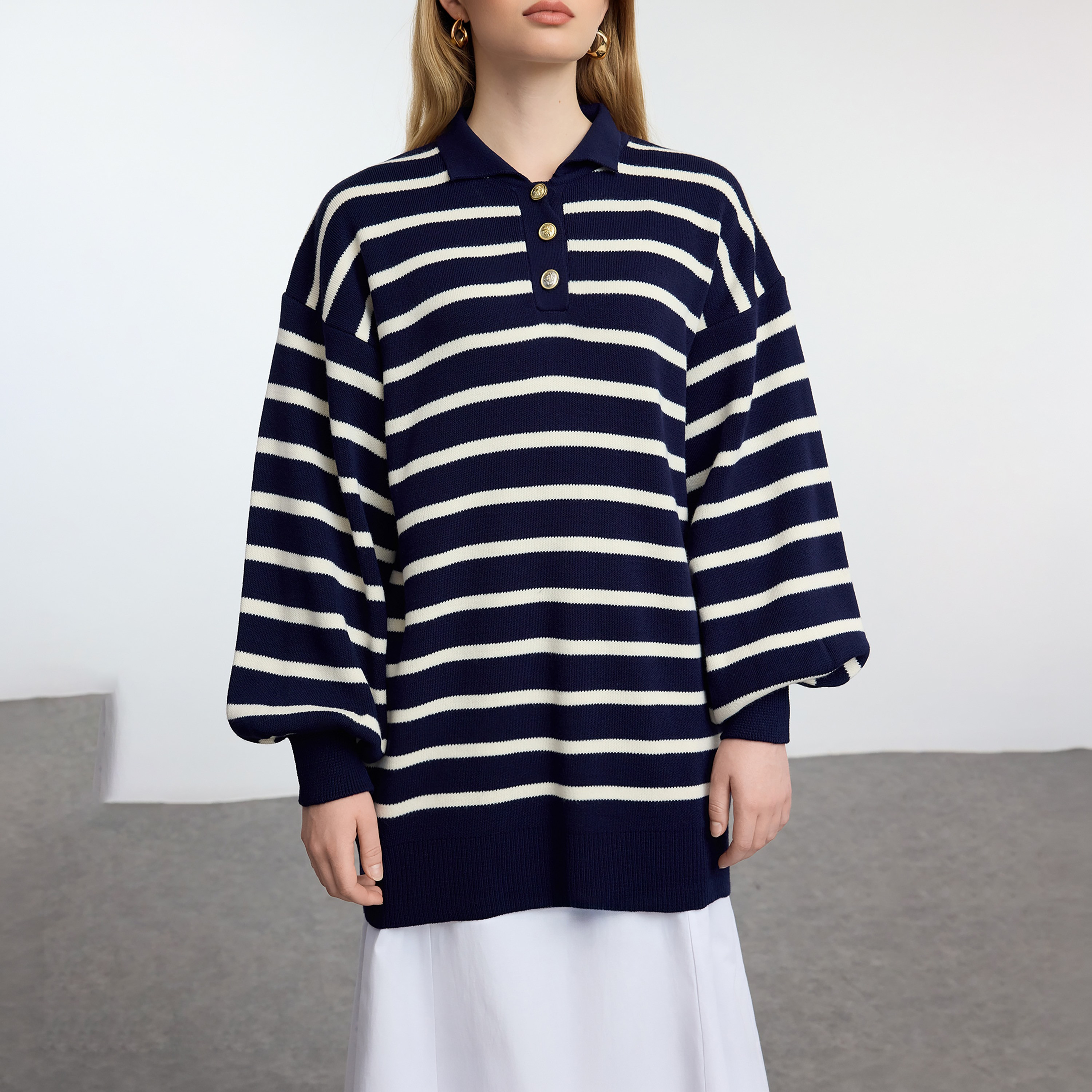 Trendyol Modest Navy Striped Collared Dropped Sleeves Women's Sweater-women-winterwear-cardigansandjumpers-jumpers-image-3