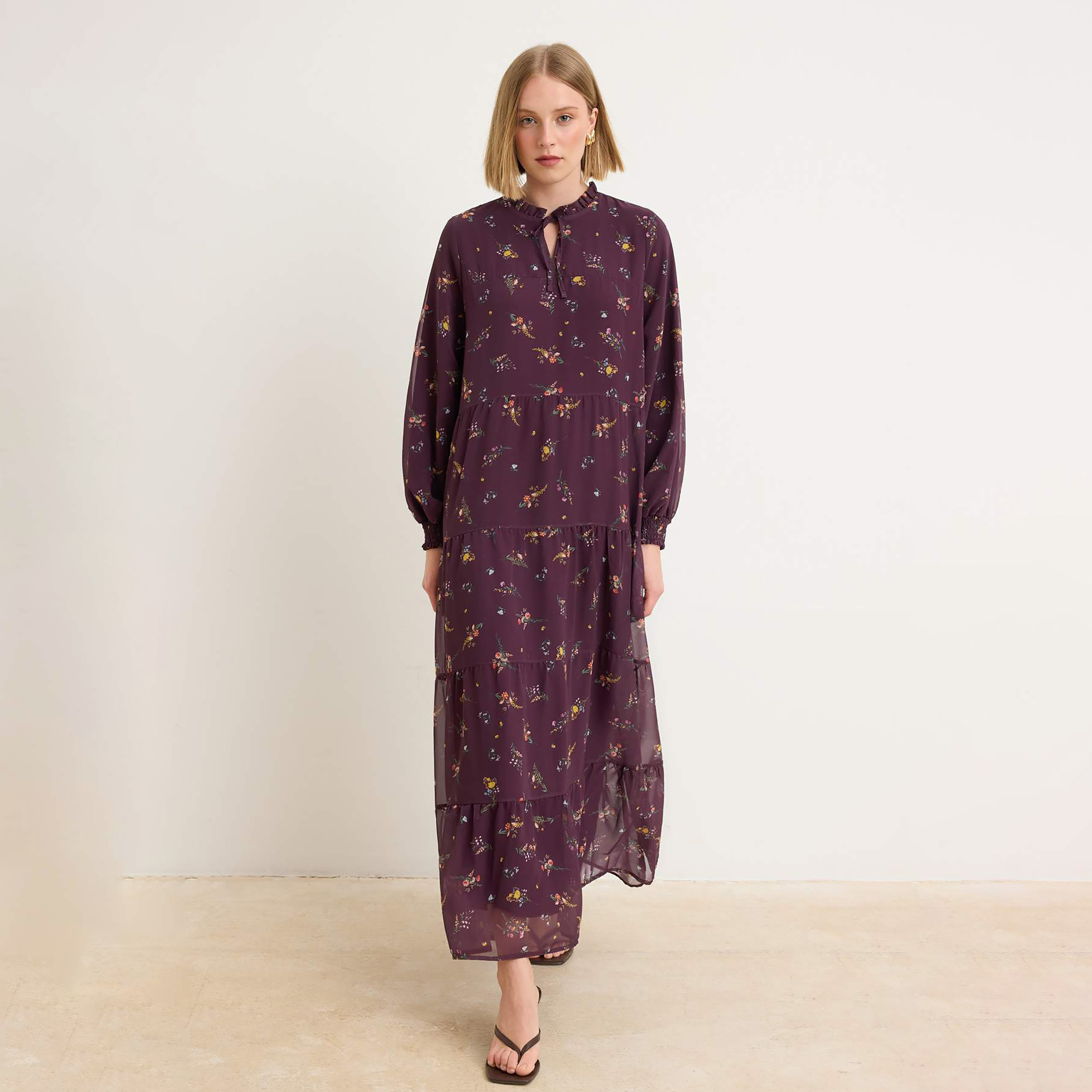 Trendyol Modest Purple Floral Print Chiffon Tie-Up Neck Balloon Sleeves Tiered Women's Maxi Dress-women-clothing-dresses-image-1