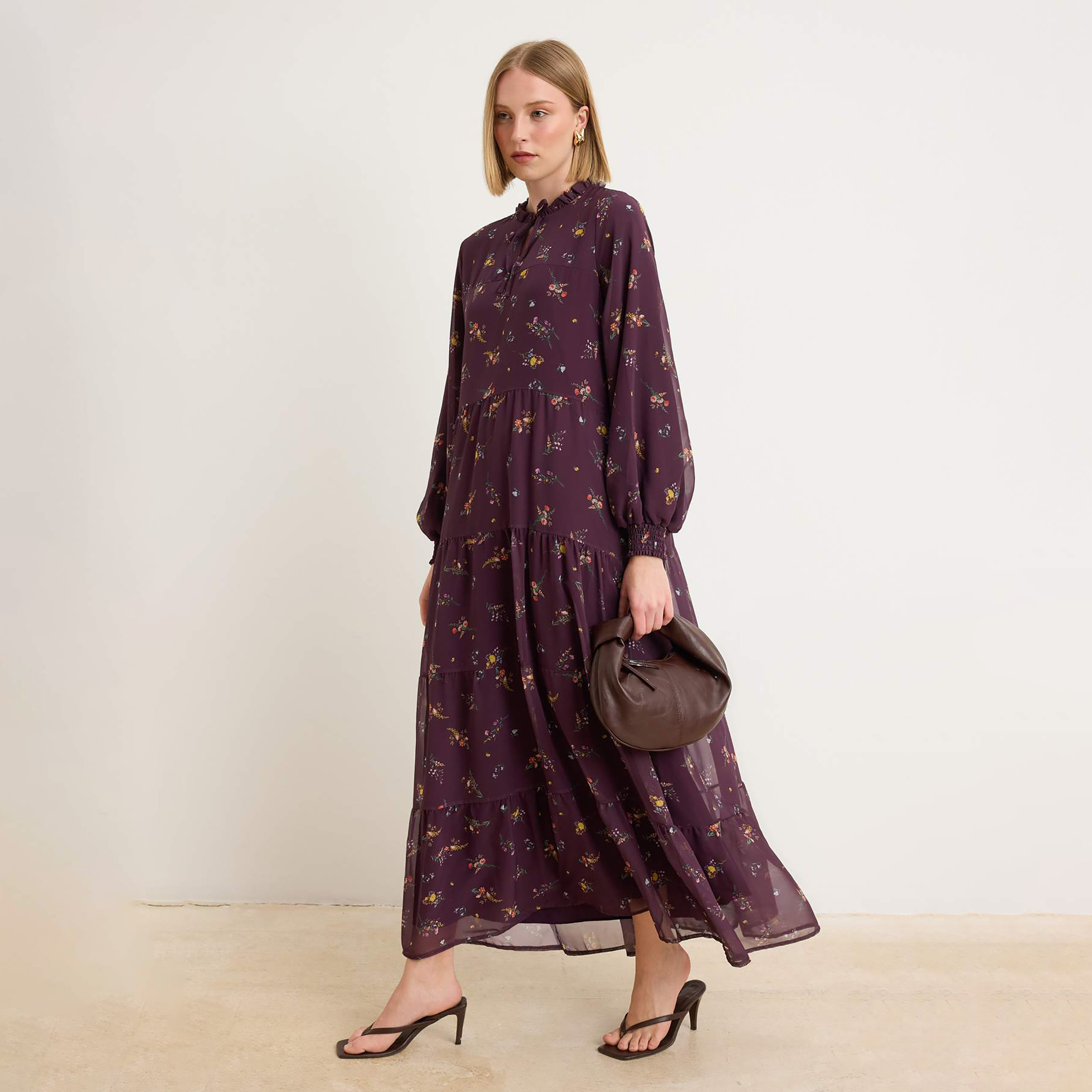 Trendyol Modest Purple Floral Print Chiffon Tie-Up Neck Balloon Sleeves Tiered Women's Maxi Dress-women-clothing-dresses-image-2