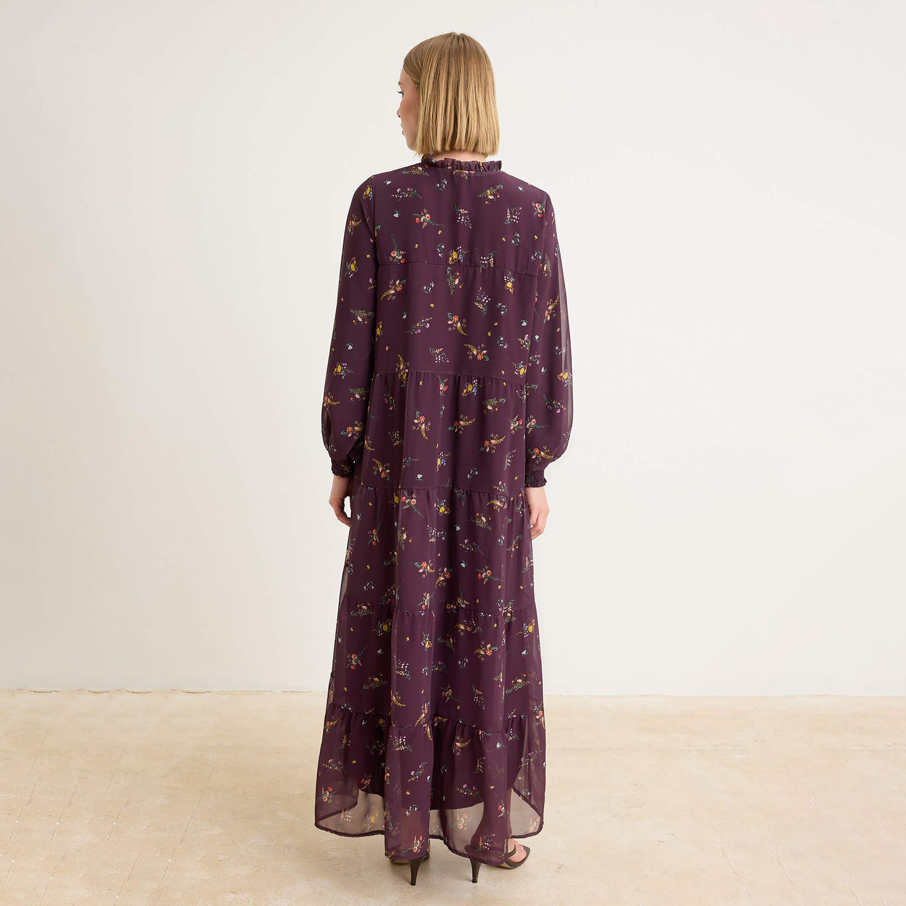 Trendyol Modest Purple Floral Print Chiffon Tie-Up Neck Balloon Sleeves Tiered Women's Maxi Dress-women-clothing-dresses-image-3