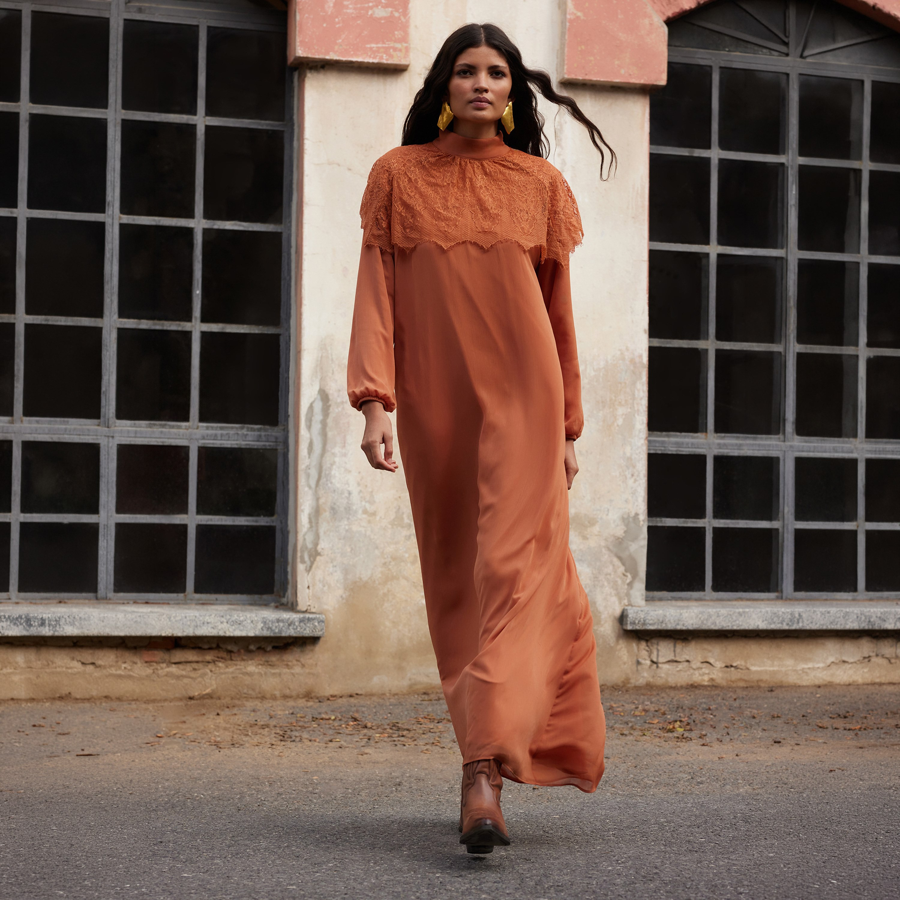 Trendyol Modest Orange Lace High Neck Elastic Cuffed Straight Women's Maxi Dress-women-clothing-dresses-image-1