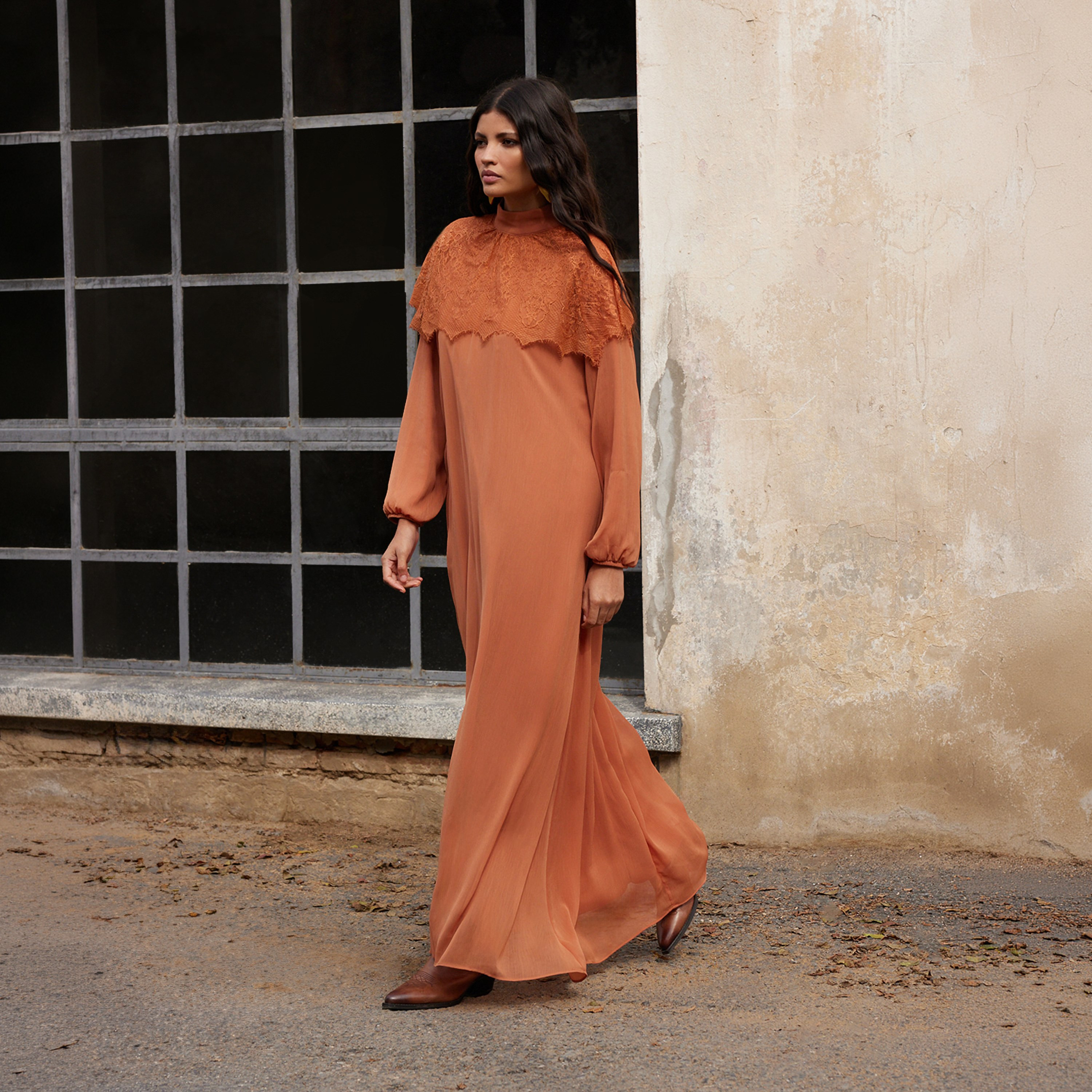 Trendyol Modest Orange Lace High Neck Elastic Cuffed Straight Women's Maxi Dress-women-clothing-dresses-image-2