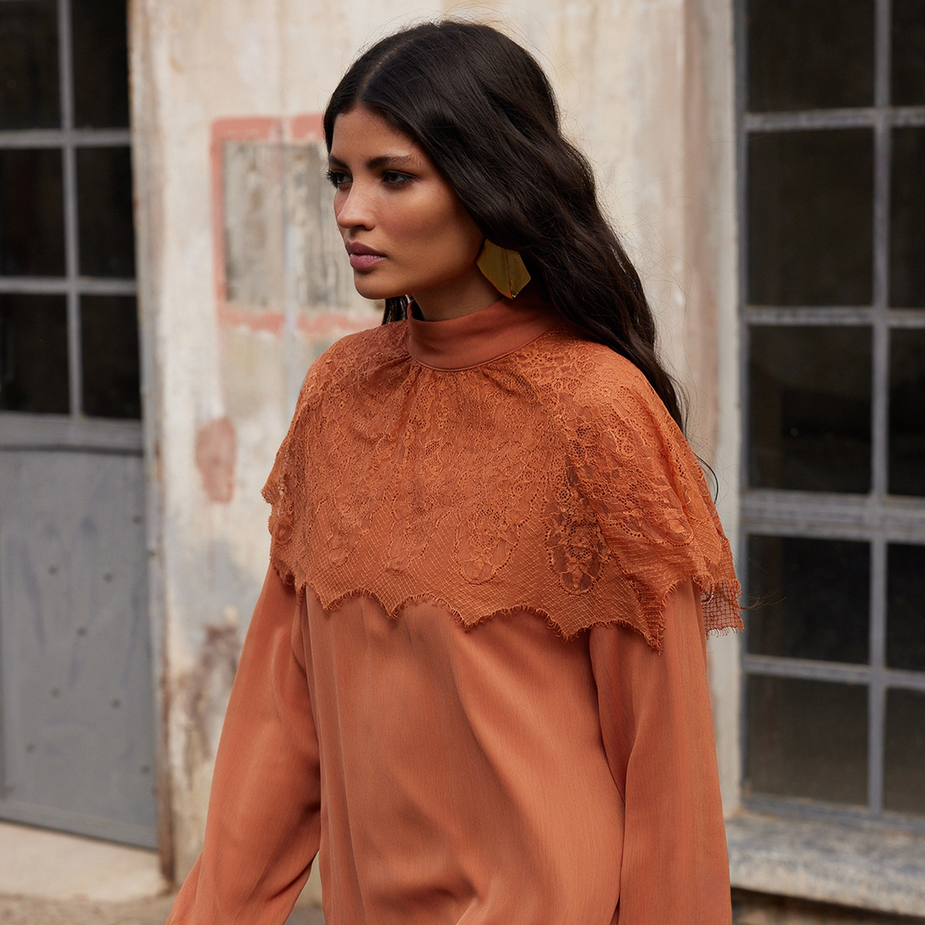 Trendyol Modest Orange Lace High Neck Elastic Cuffed Straight Women's Maxi Dress-women-clothing-dresses-image-3