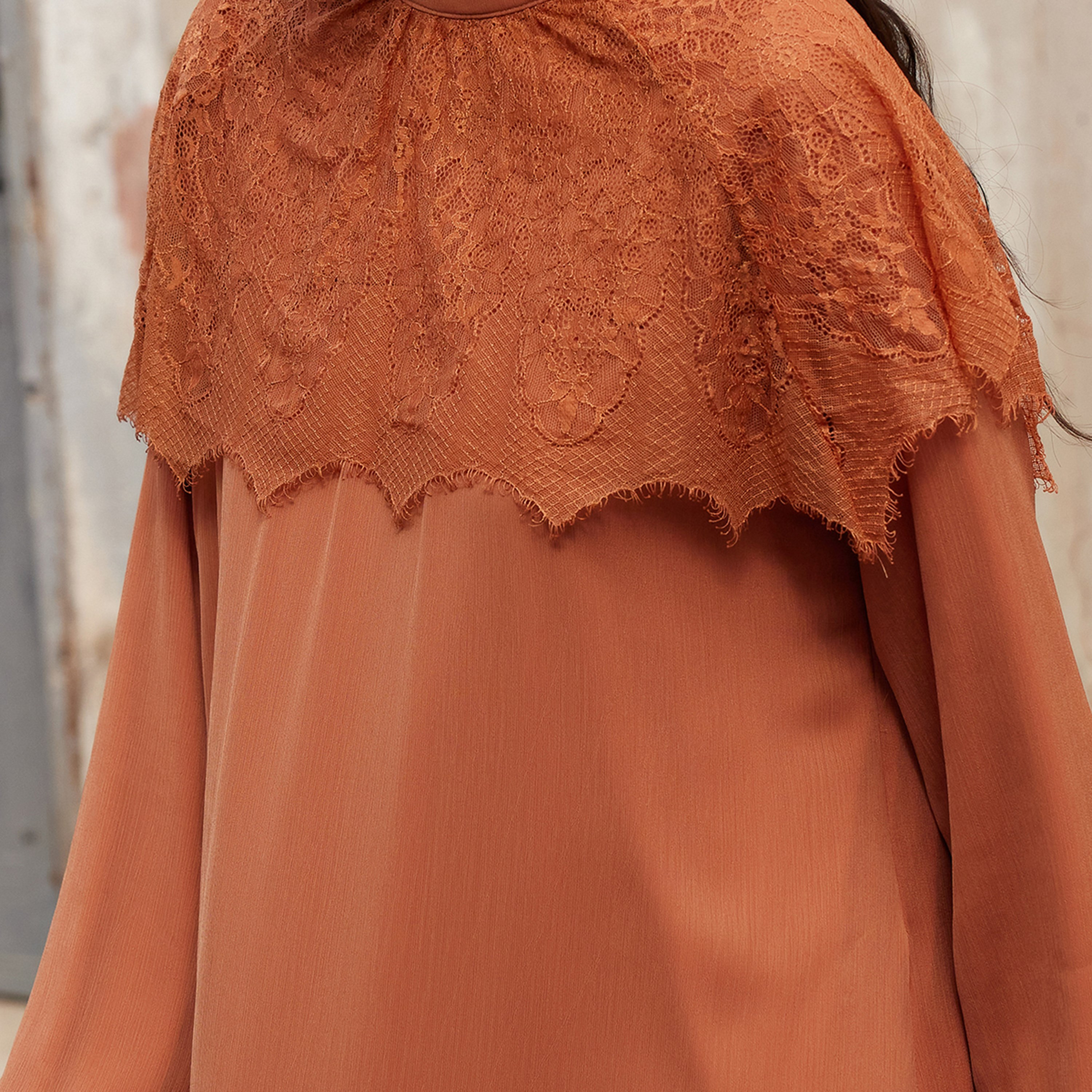 Trendyol Modest Orange Lace High Neck Elastic Cuffed Straight Women's Maxi Dress-women-clothing-dresses-image-4