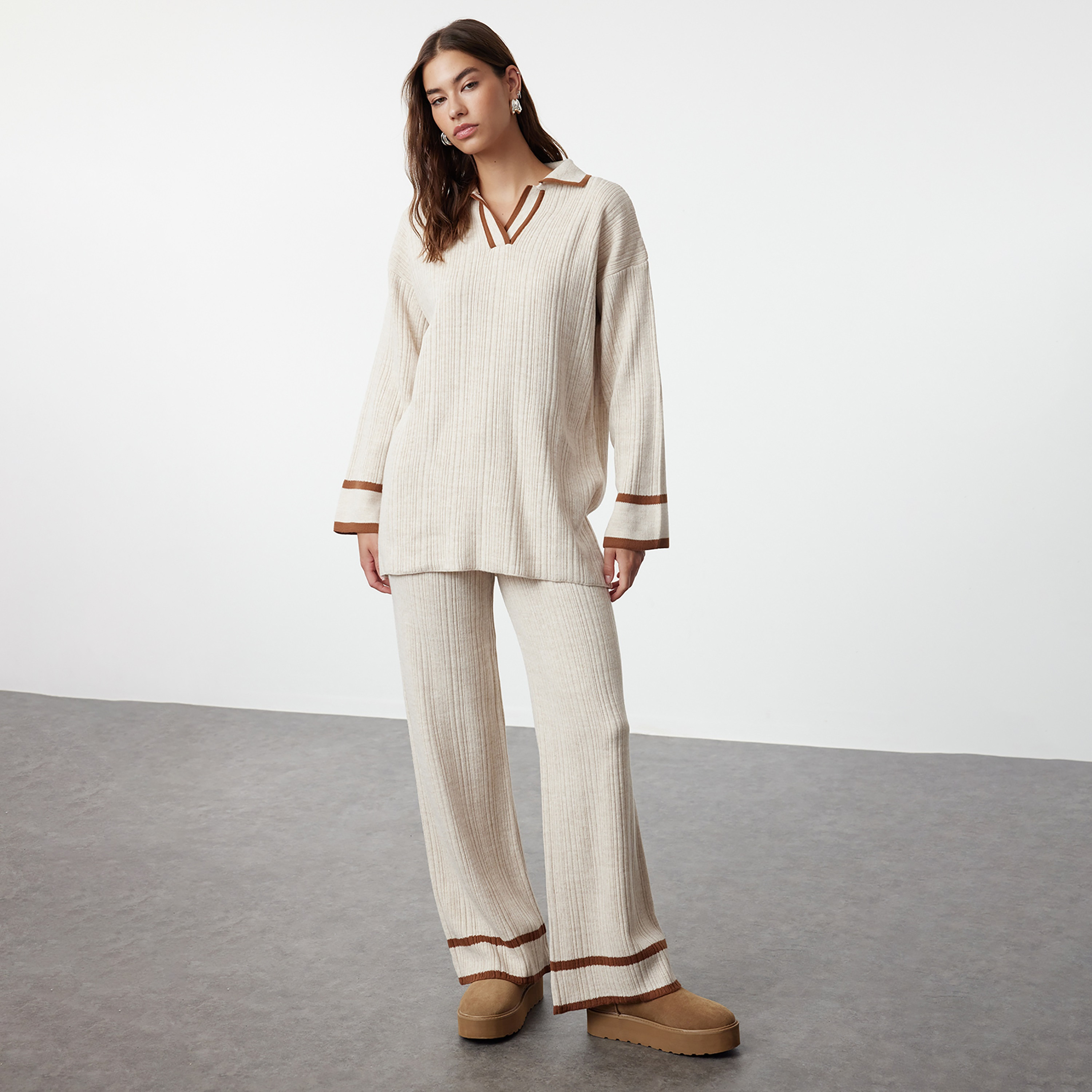 Trendyol Modest Ribbed Johnny Collared Dropped Sleeves Women's Sweater & Pants Set-women-clothing-coordsets-image-1