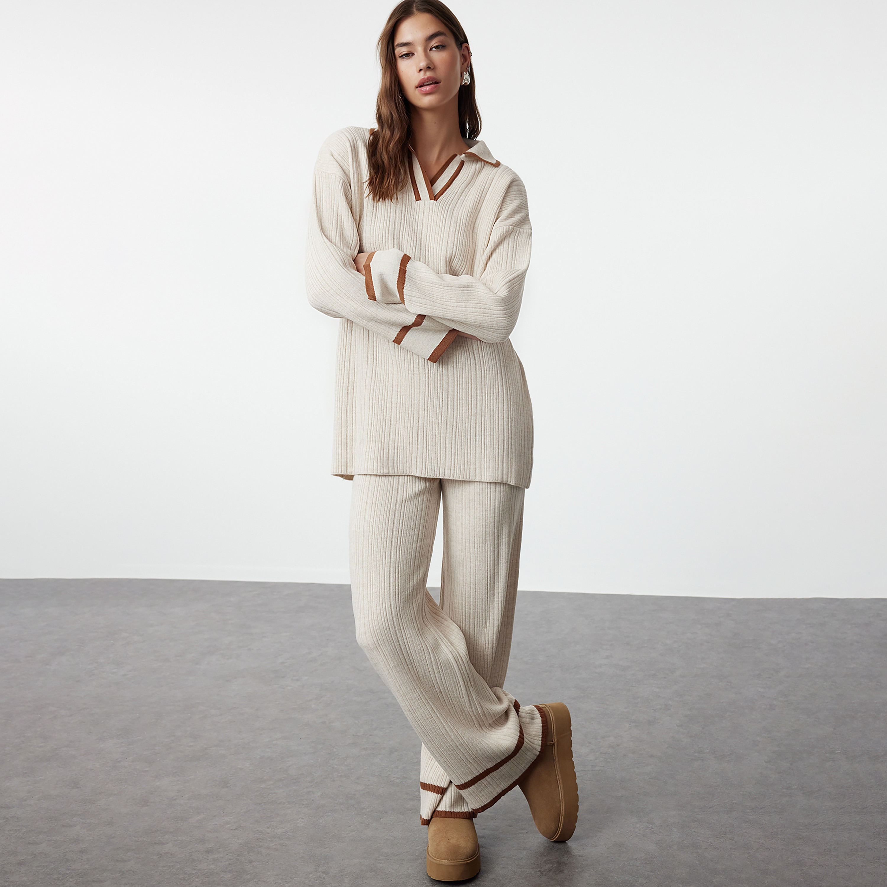 Trendyol Modest Ribbed Johnny Collared Dropped Sleeves Women's Sweater & Pants Set-women-clothing-coordsets-image-2