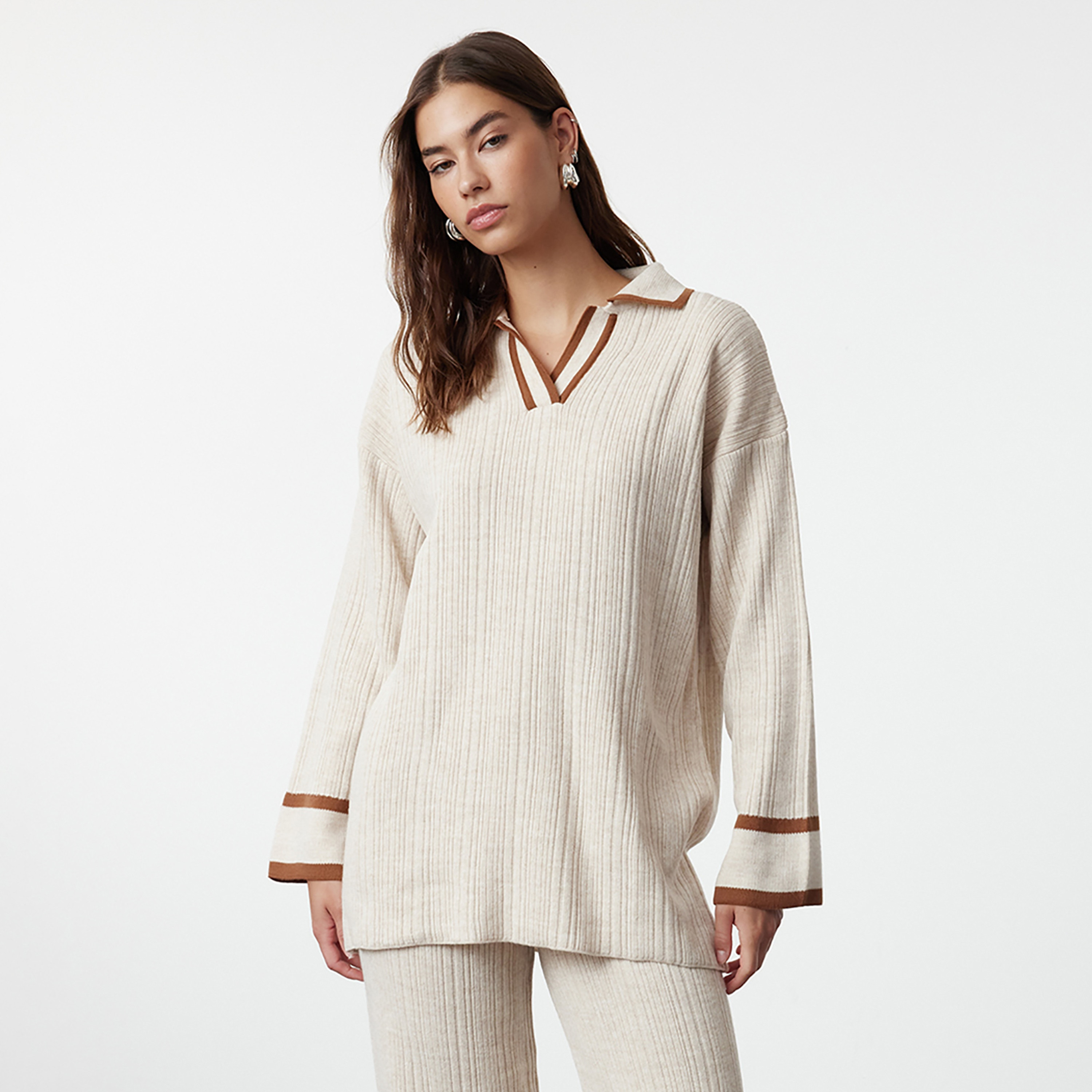 Trendyol Modest Ribbed Johnny Collared Dropped Sleeves Women's Sweater & Pants Set-women-clothing-coordsets-image-3