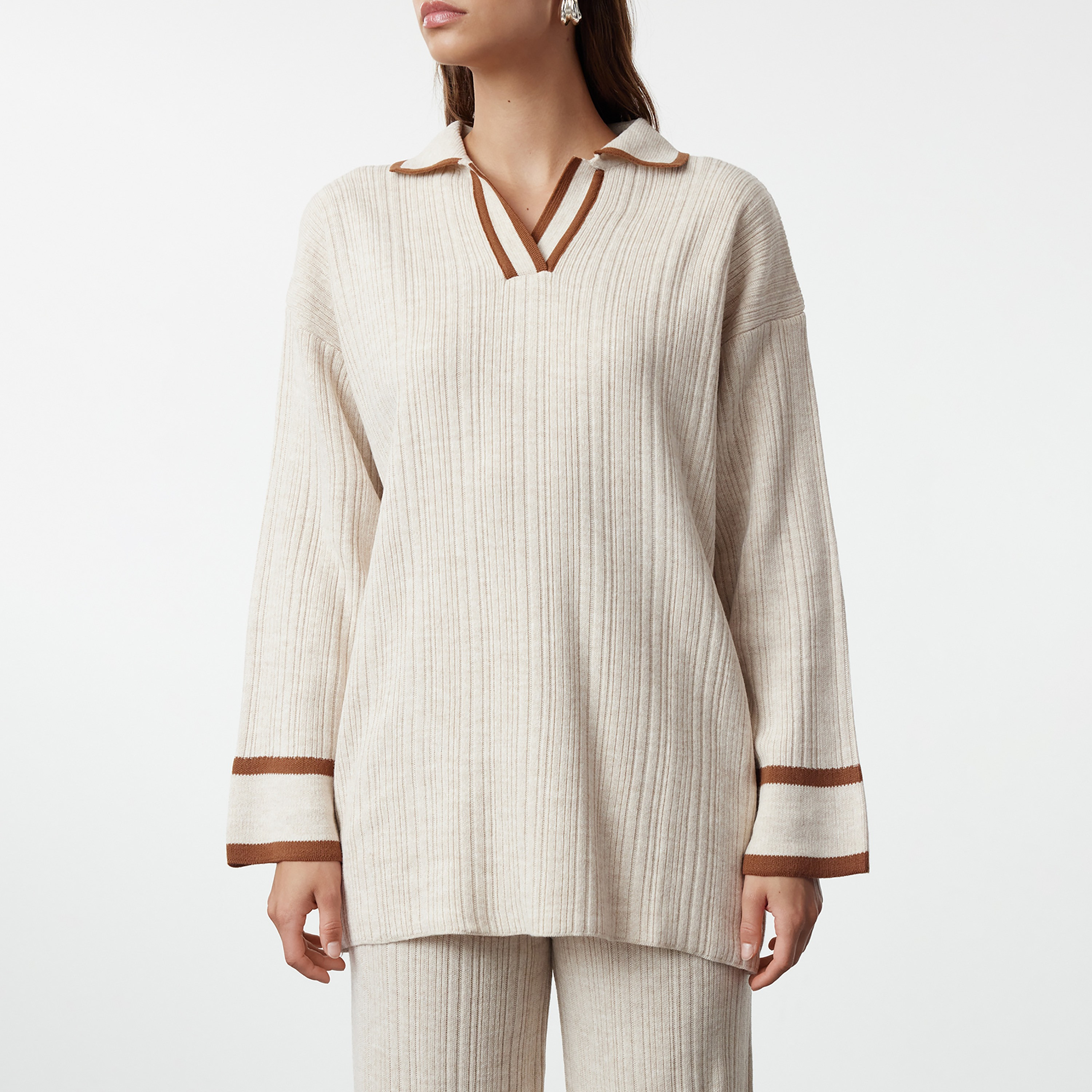 Trendyol Modest Ribbed Johnny Collared Dropped Sleeves Women's Sweater & Pants Set-women-clothing-coordsets-image-5