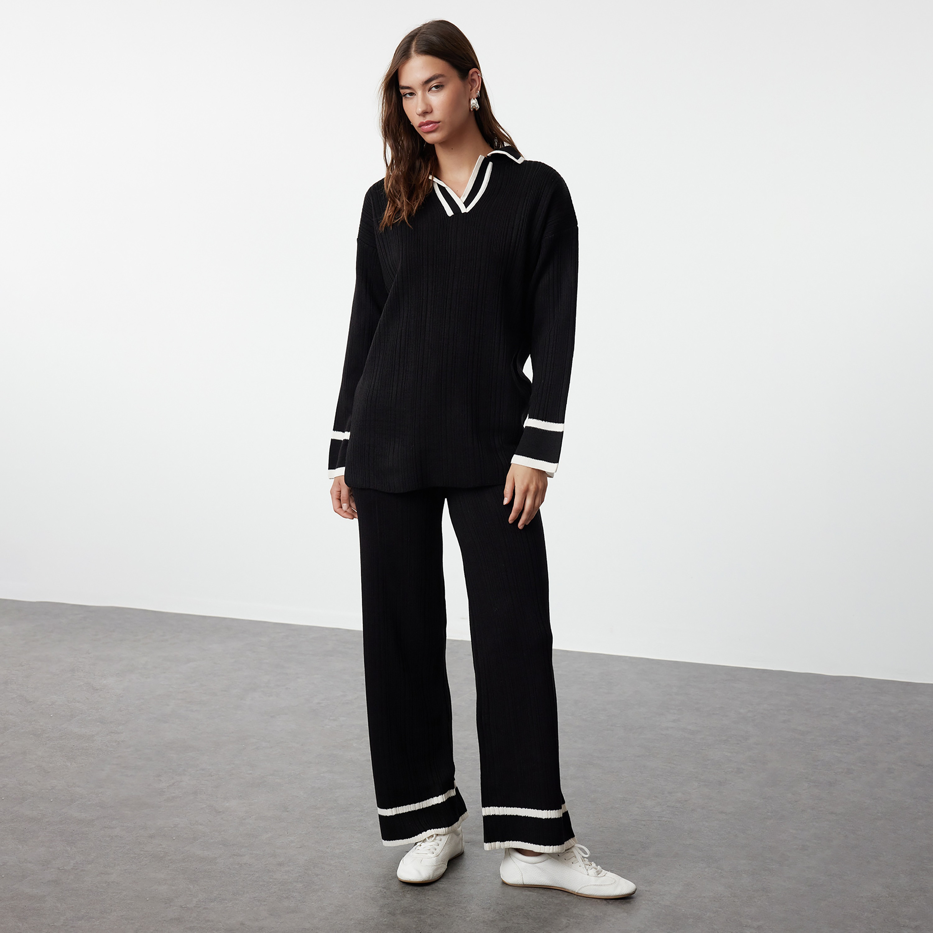 Trendyol Modest Ribbed Johnny Collared Dropped Sleeves Women's Sweater & Pants Set-women-clothing-coordsets-image-1
