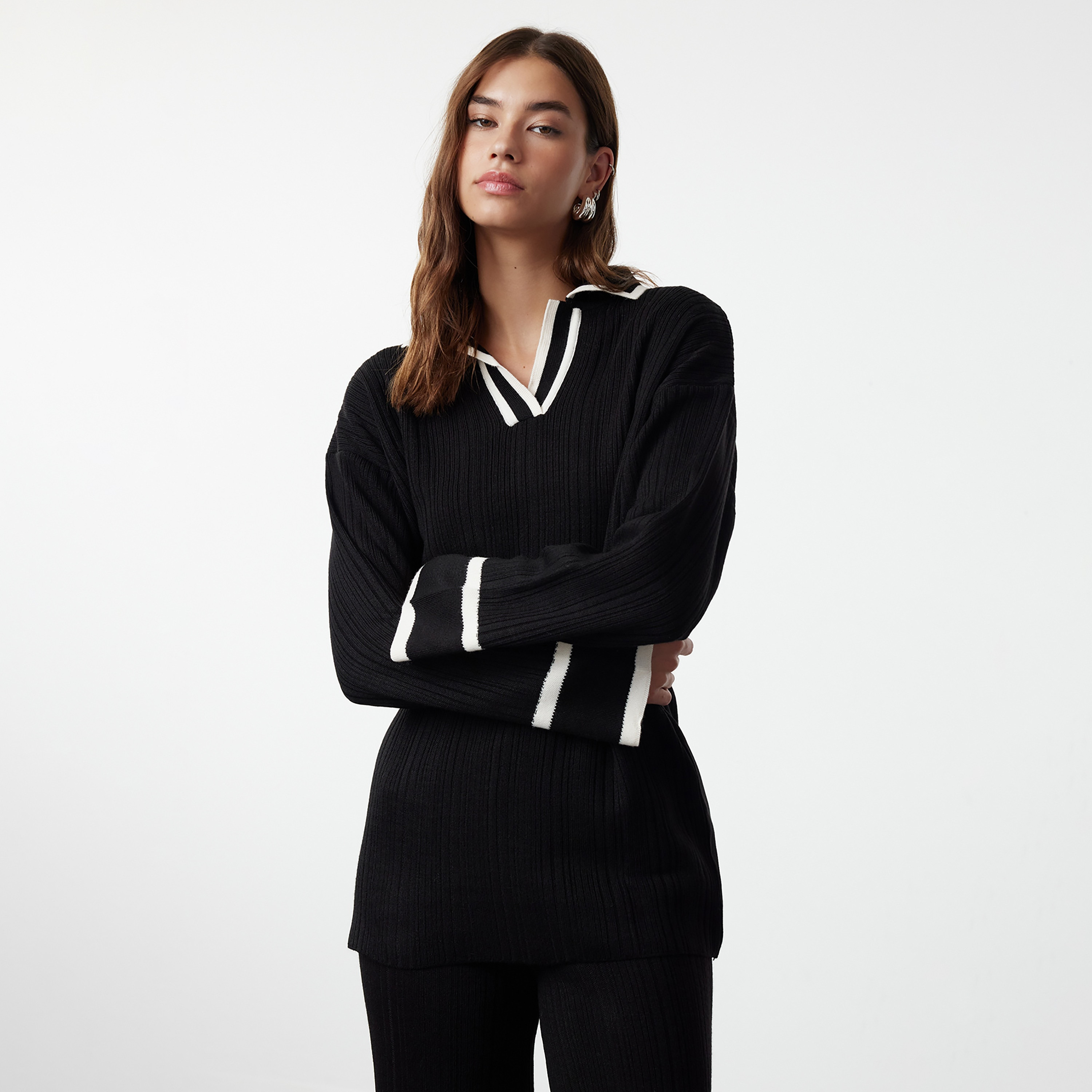 Trendyol Modest Ribbed Johnny Collared Dropped Sleeves Women's Sweater & Pants Set-women-clothing-coordsets-image-2