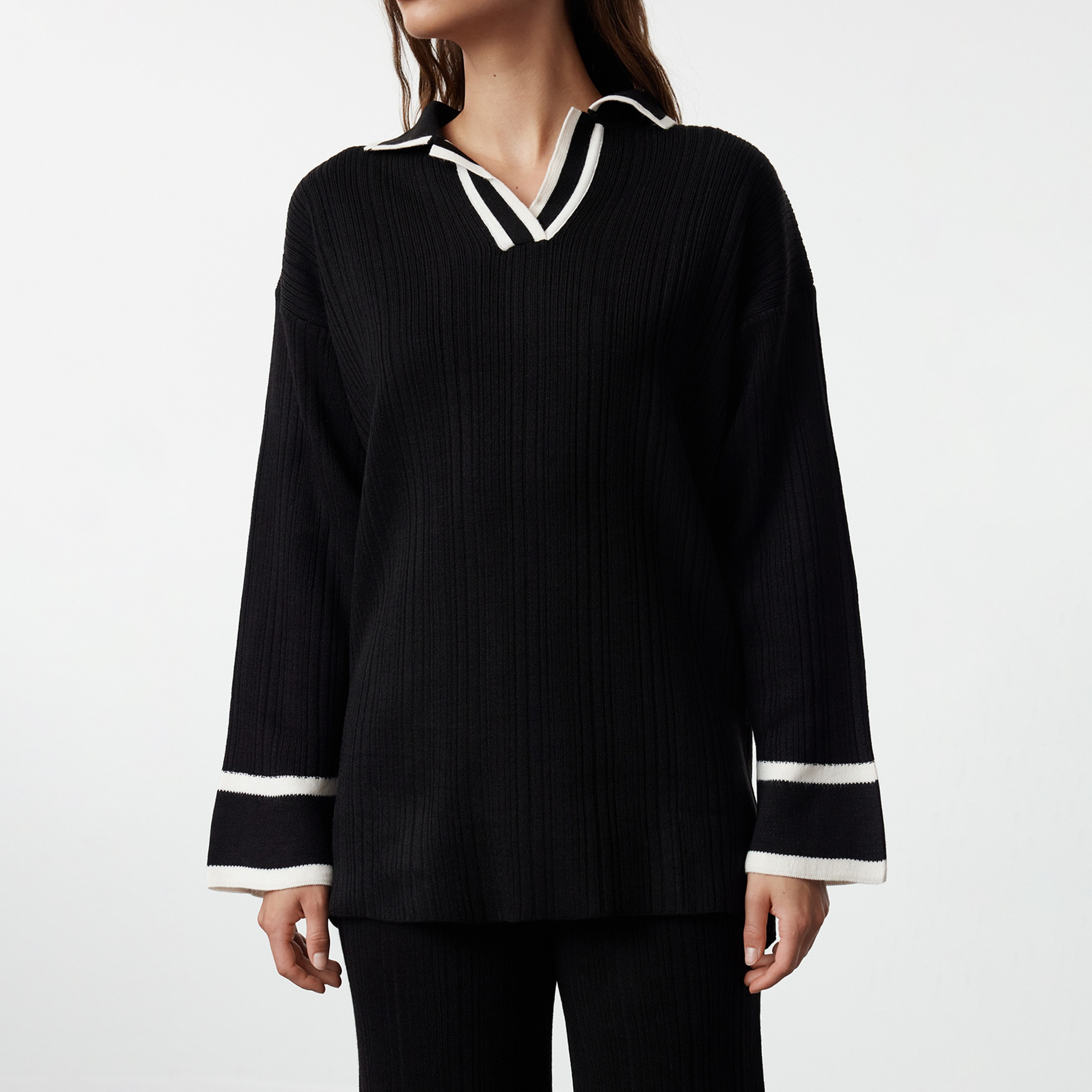 Trendyol Modest Ribbed Johnny Collared Dropped Sleeves Women's Sweater & Pants Set-women-clothing-coordsets-image-4