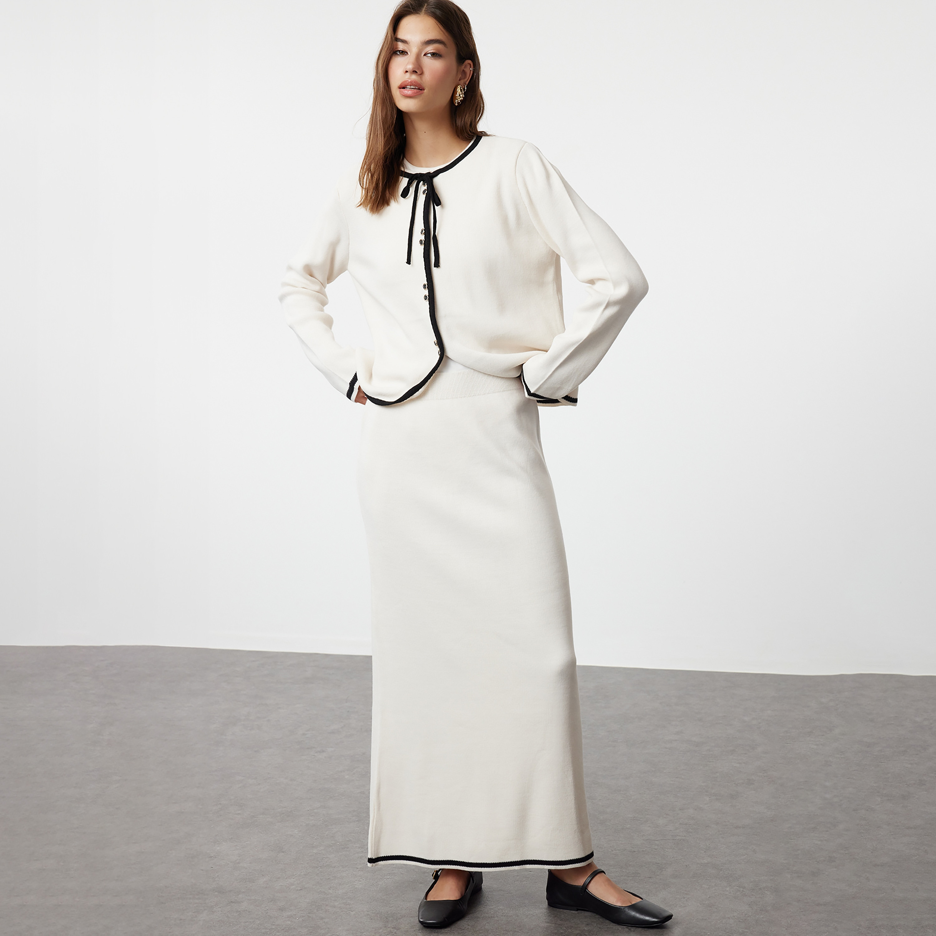 Trendyol Modest White Contrast Trim Tie-Up Neck Women's Cardigan & Skirt Set-women-clothing-coordsets-image-1