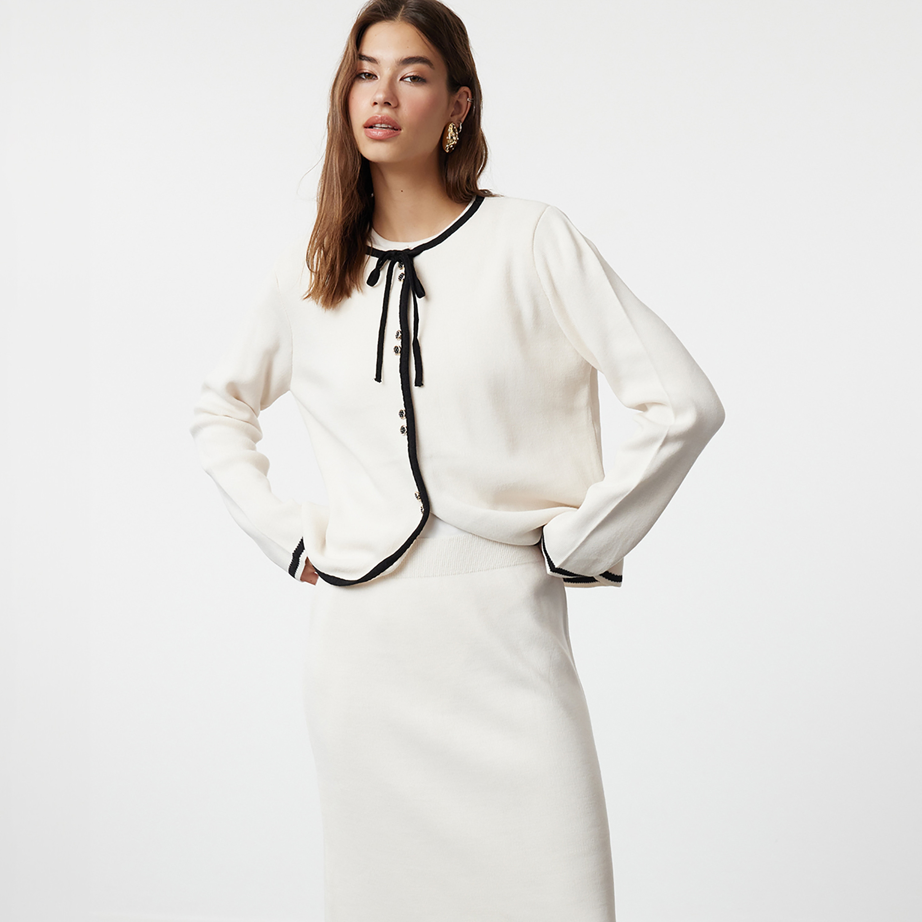Trendyol Modest White Contrast Trim Tie-Up Neck Women's Cardigan & Skirt Set-women-clothing-coordsets-image-2