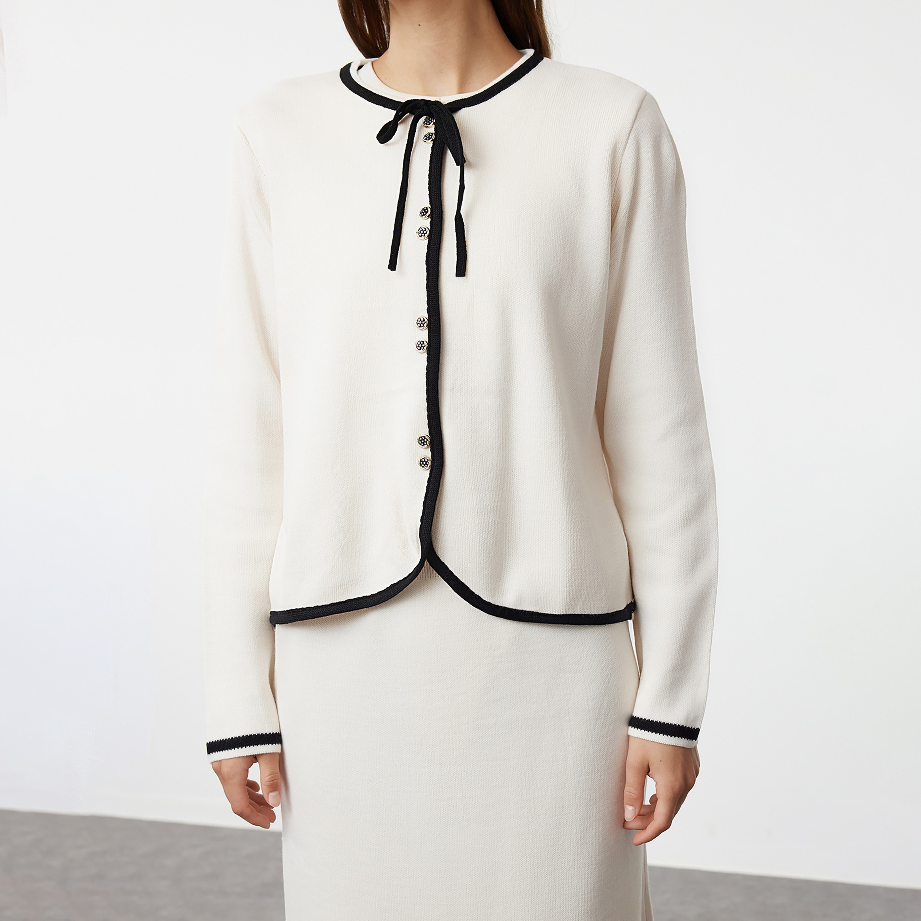 Trendyol Modest White Contrast Trim Tie-Up Neck Women's Cardigan & Skirt Set-women-clothing-coordsets-image-5