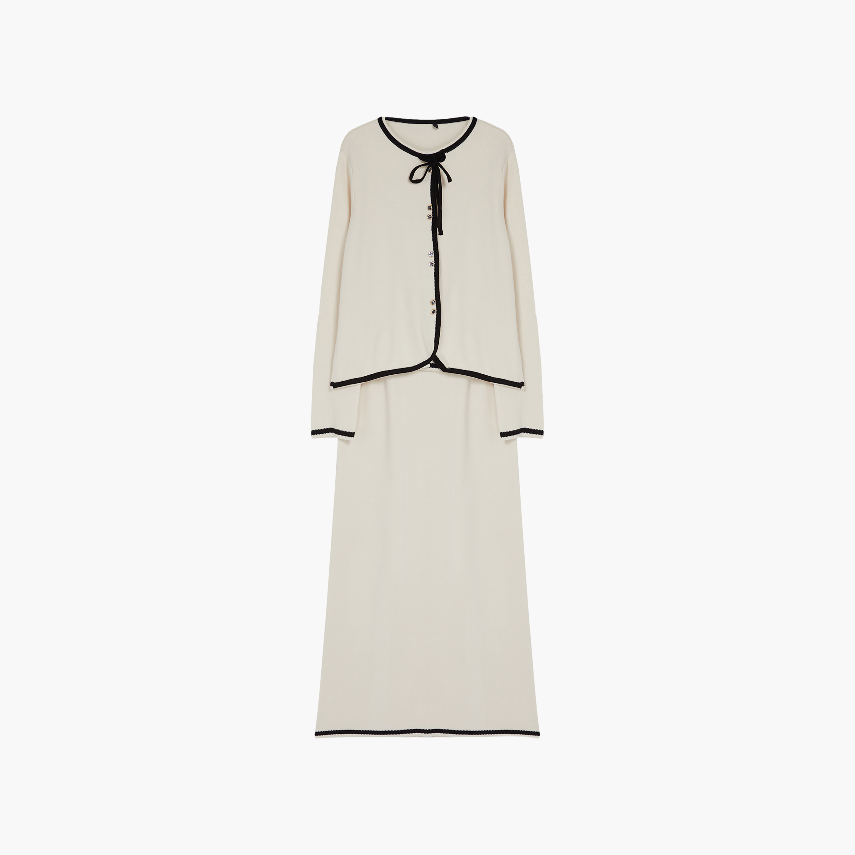 Trendyol Modest White Contrast Trim Tie-Up Neck Women's Cardigan & Skirt Set-women-clothing-coordsets-image-6