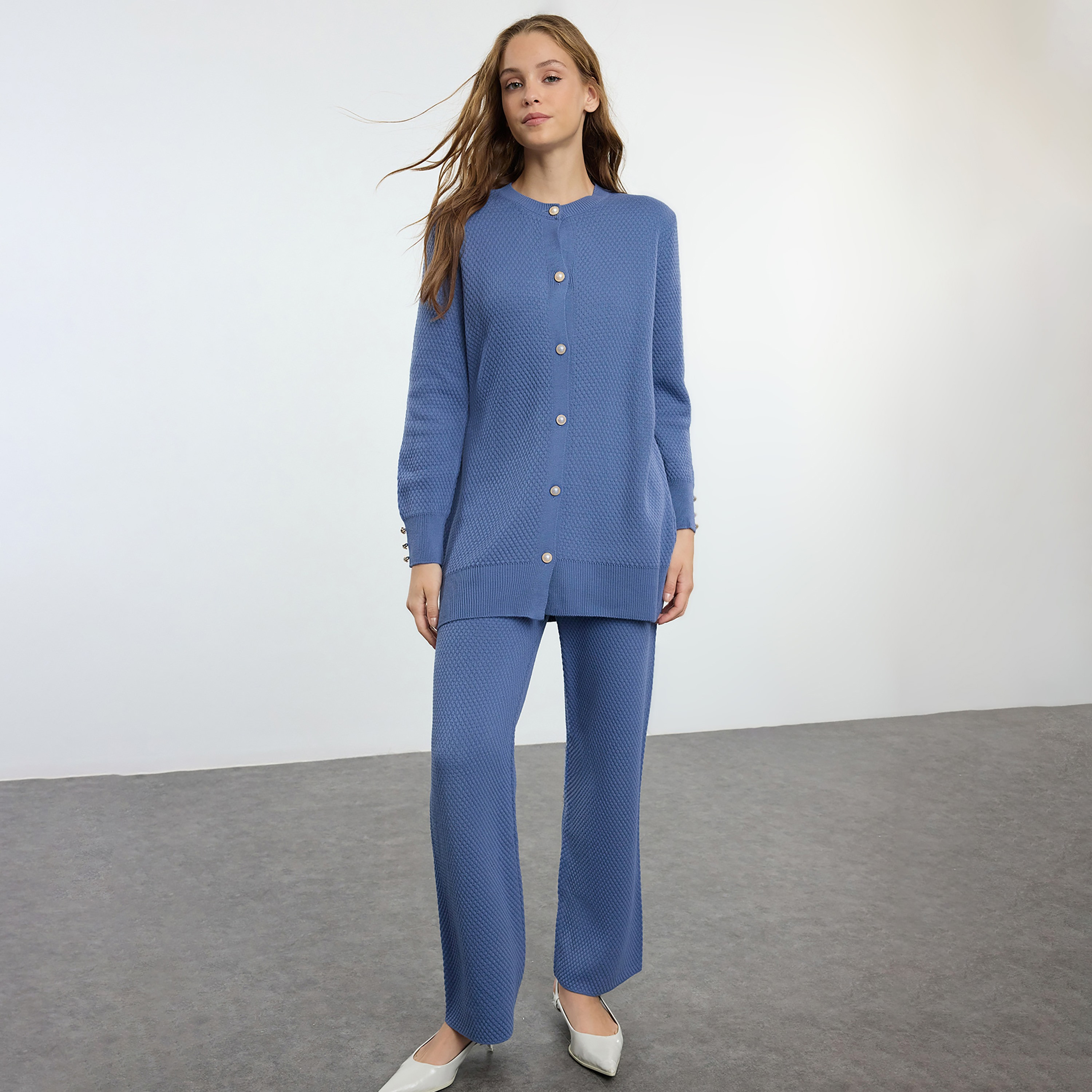 Trendyol Modest Indigo Geometric Knit Women's Cardigan & Pants Set-women-clothing-coordsets-image-1