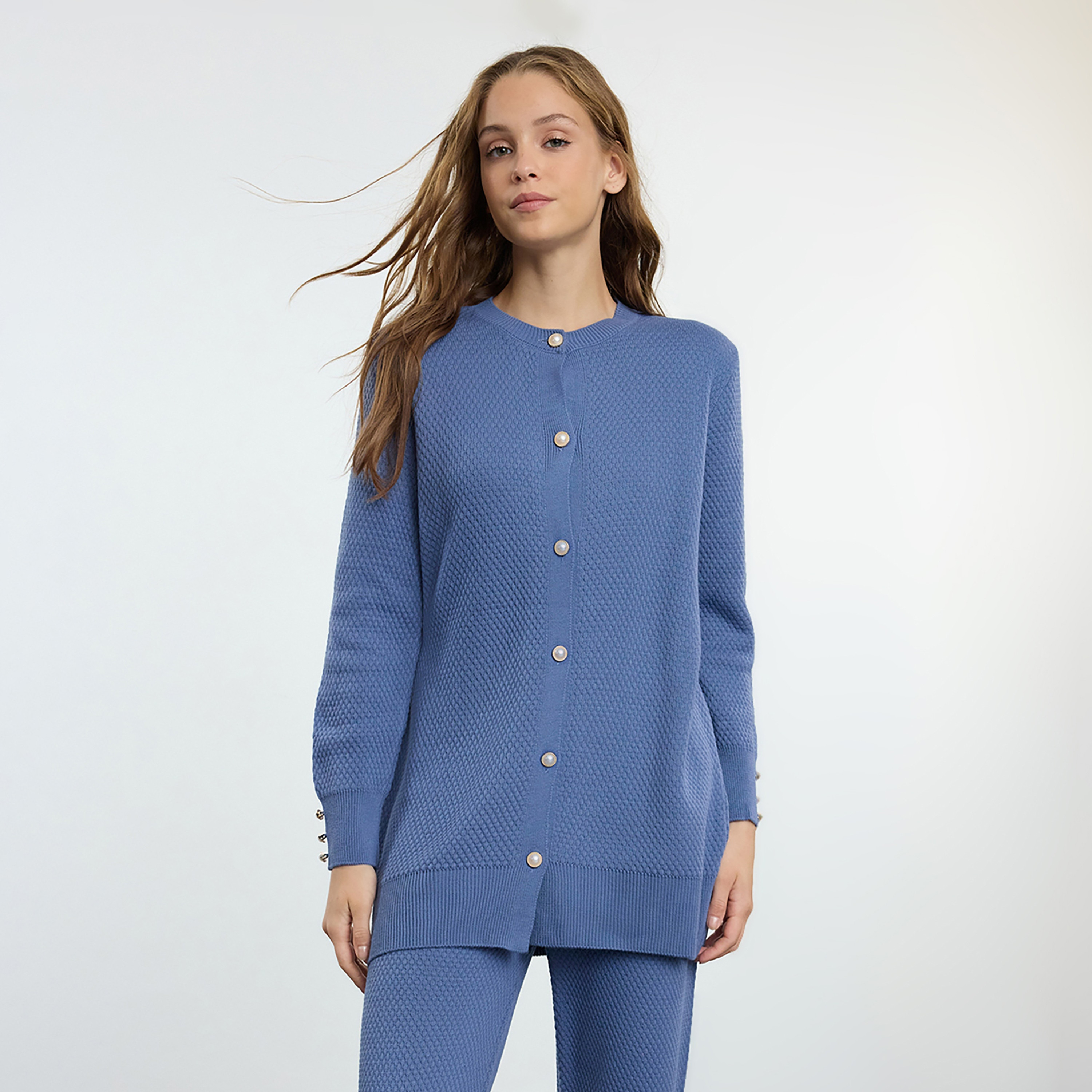 Trendyol Modest Indigo Geometric Knit Women's Cardigan & Pants Set-women-clothing-coordsets-image-2