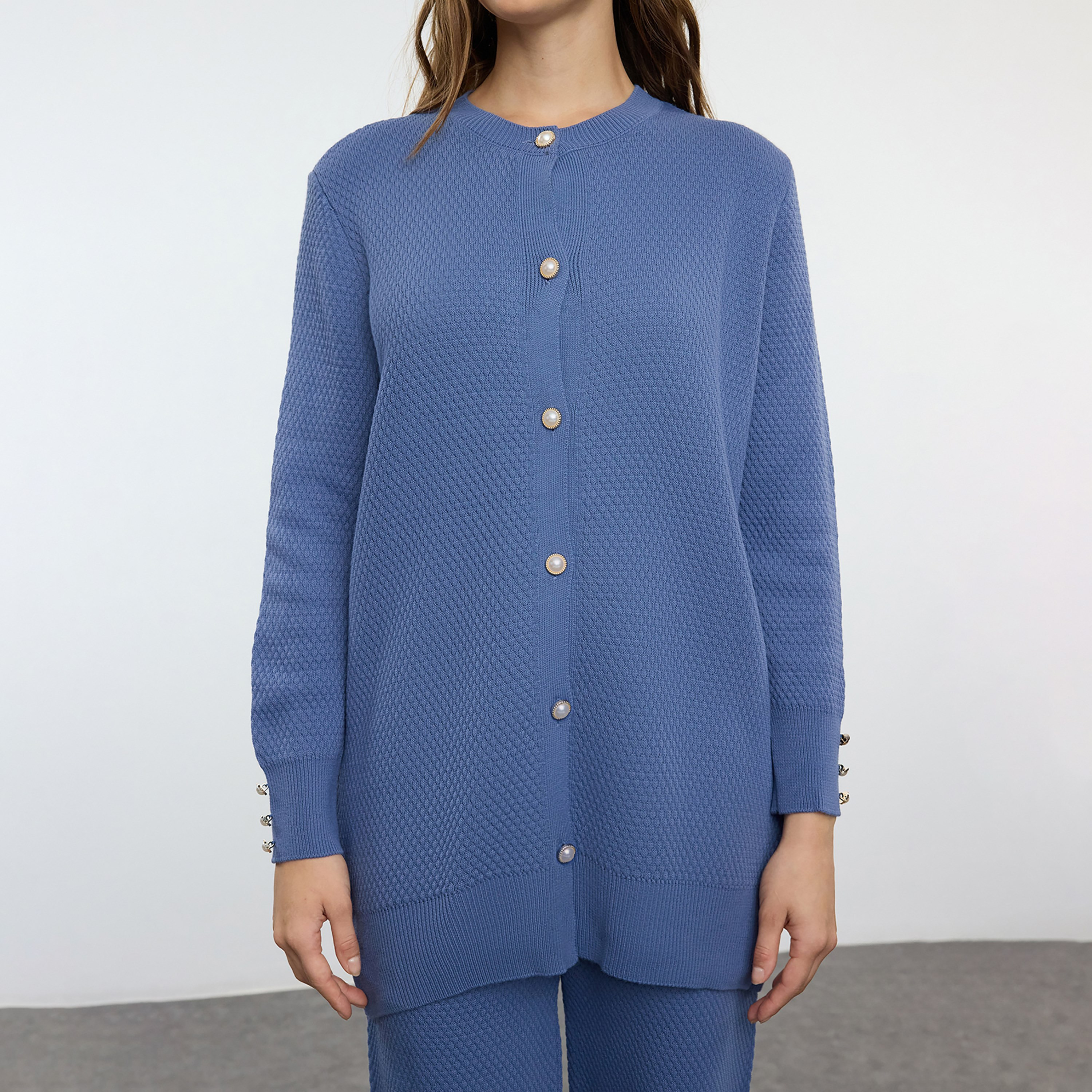 Trendyol Modest Indigo Geometric Knit Women's Cardigan & Pants Set-women-clothing-coordsets-image-5