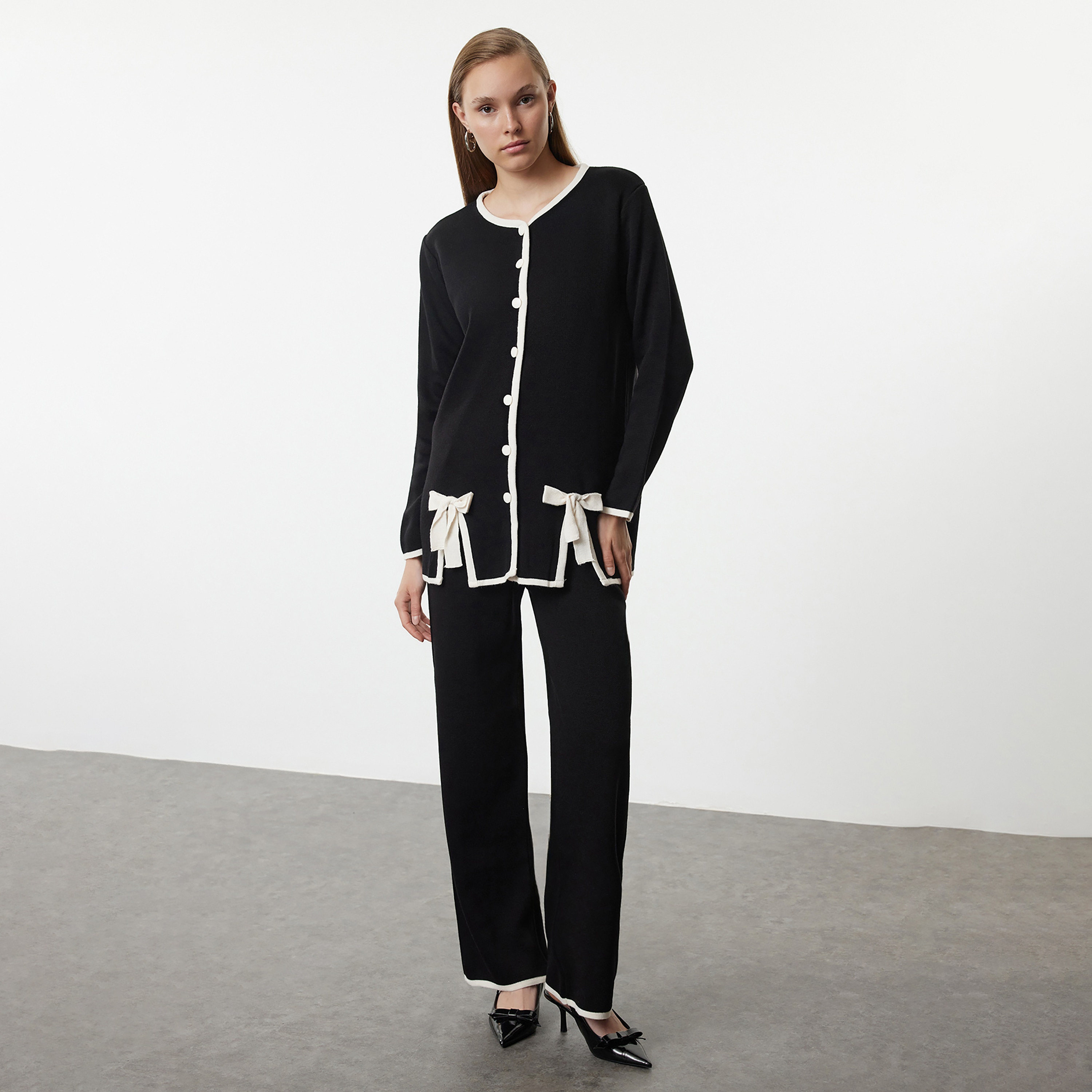 Trendyol Modest Black Contrast Trim Women's Cardigan & Pants Set-women-clothing-coordsets-image-1