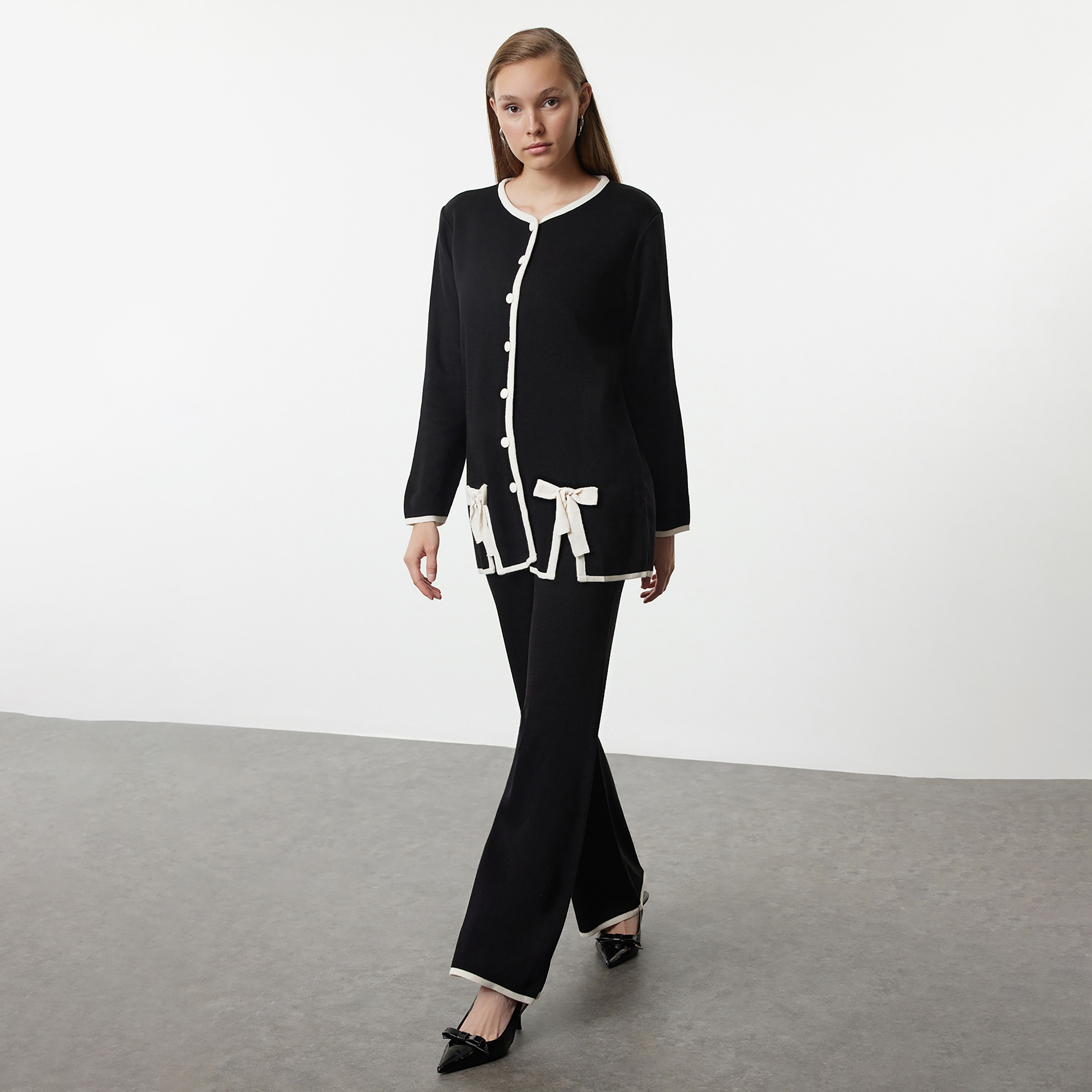 Trendyol Modest Black Contrast Trim Women's Cardigan & Pants Set-women-clothing-coordsets-image-2