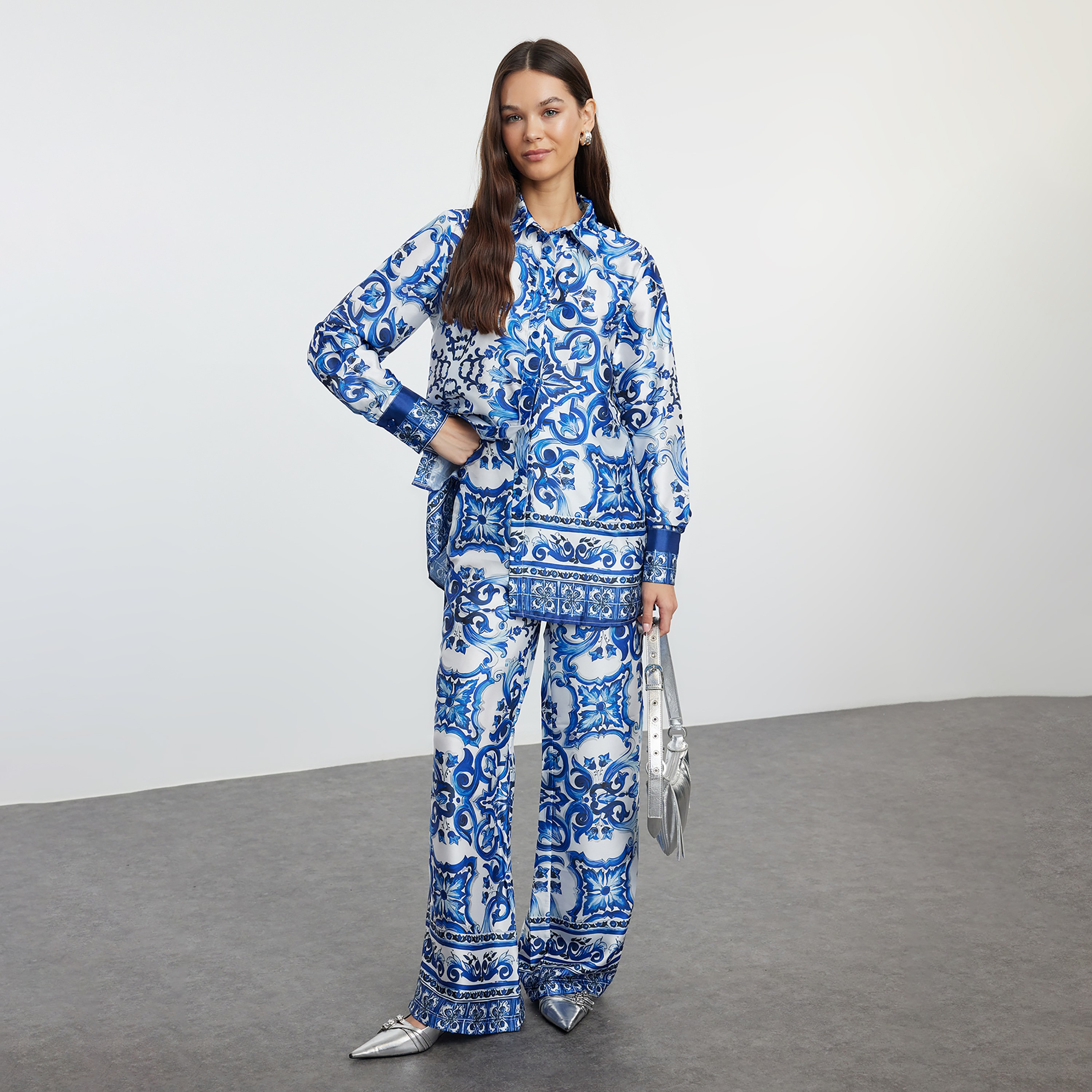 Modest Blue Baroque Print Satin Collared Women's Shirt & Trousers Set-women-clothing-coordsets-image-1