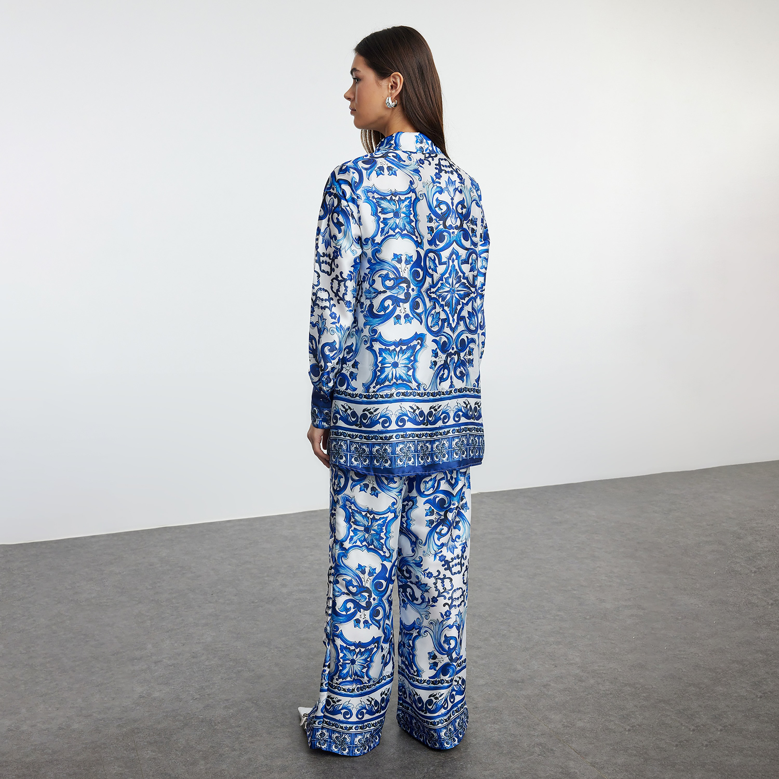 Modest Blue Baroque Print Satin Collared Women's Shirt & Trousers Set-women-clothing-coordsets-image-3