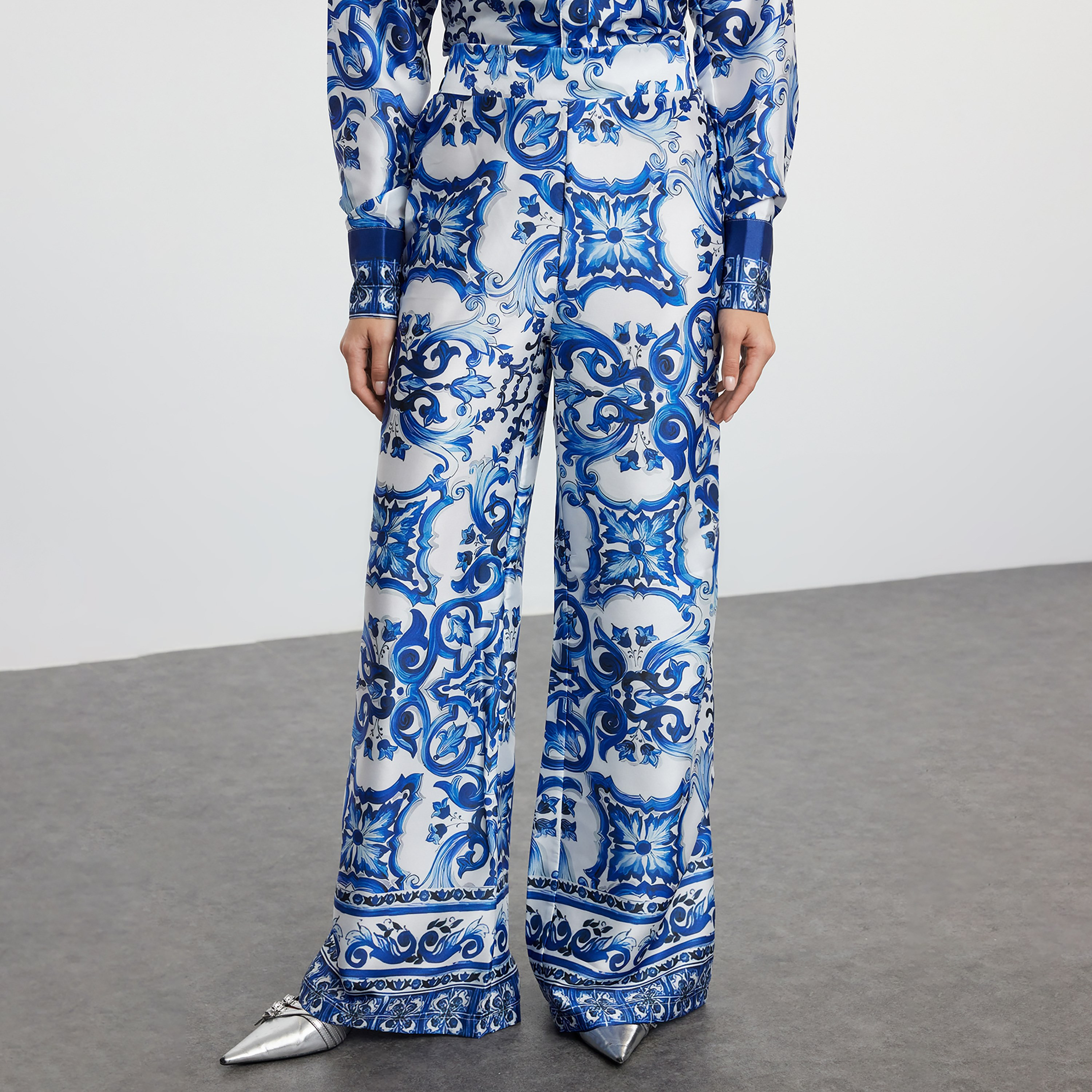 Modest Blue Baroque Print Satin Collared Women's Shirt & Trousers Set-women-clothing-coordsets-image-4