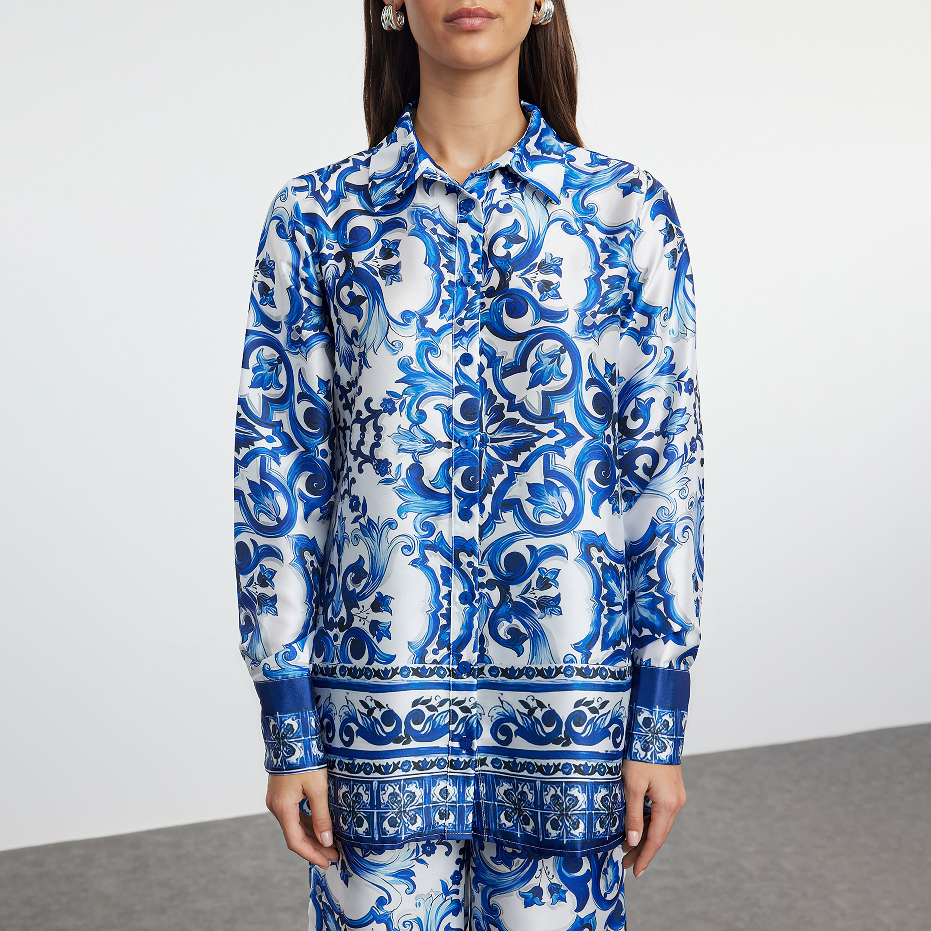 Modest Blue Baroque Print Satin Collared Women's Shirt & Trousers Set-women-clothing-coordsets-image-5