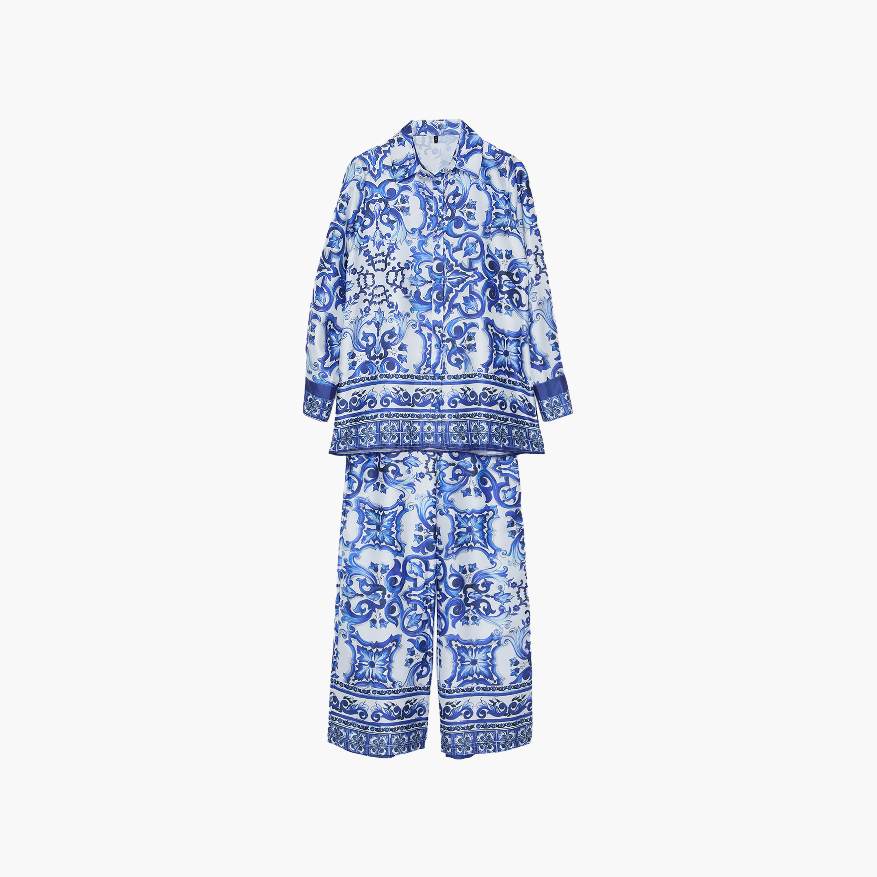 Modest Blue Baroque Print Satin Collared Women's Shirt & Trousers Set-women-clothing-coordsets-image-6
