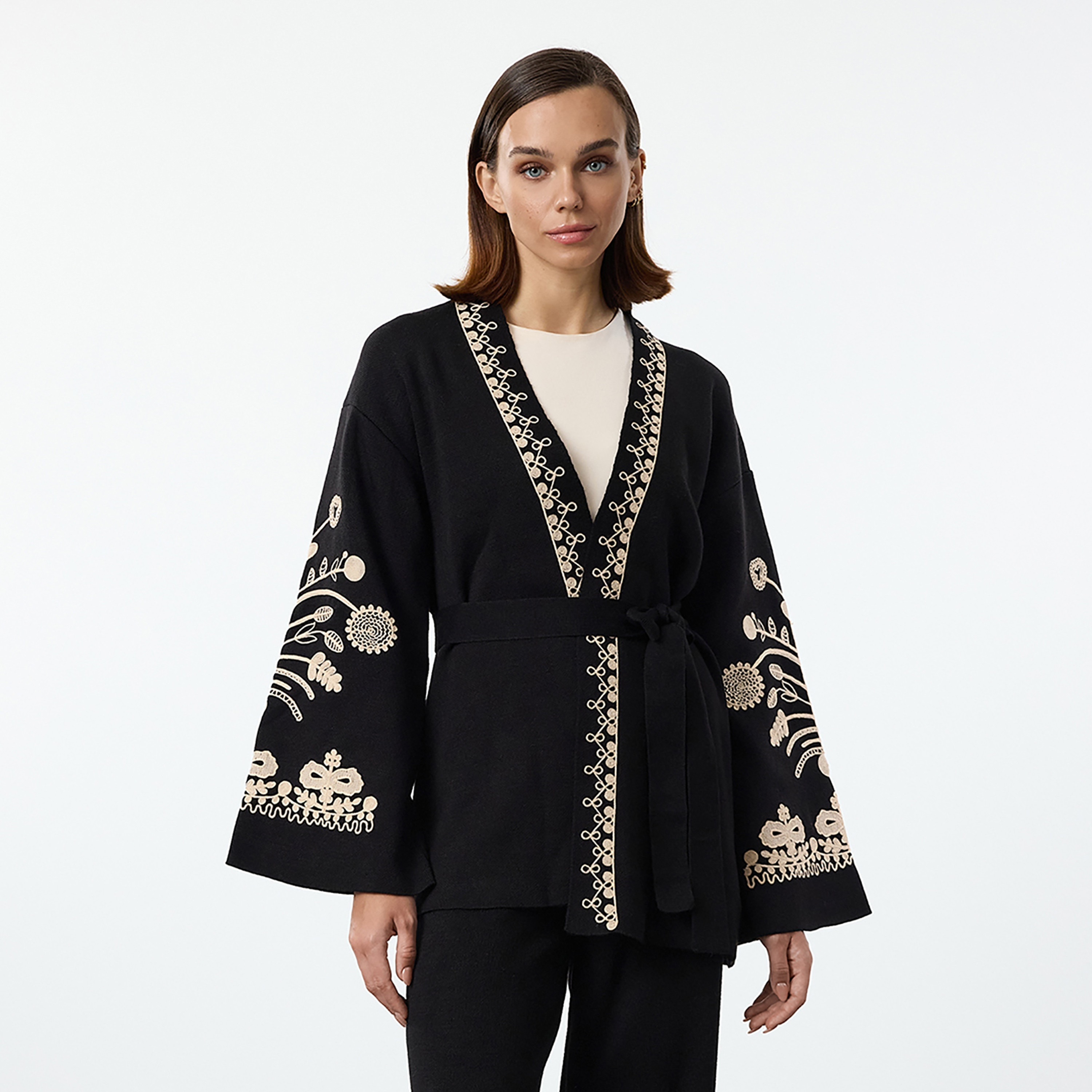 Trendyol Modest Floral Embroidered Kimono Sleeves Women's Cardigan & Pants Set-women-clothing-coordsets-image-2