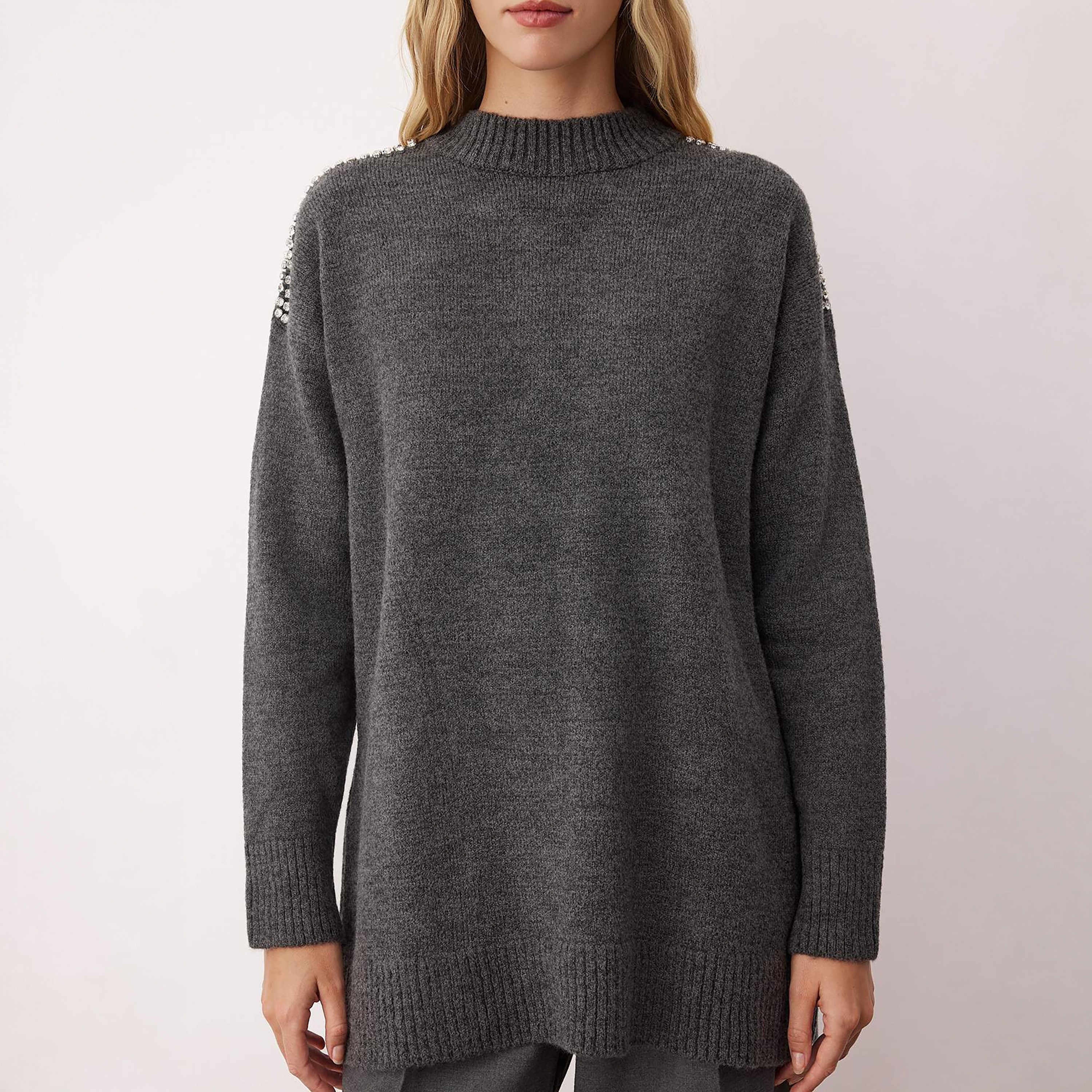 Trendyol Modest Grey Rhinestone Detailed Mock Neck Dropped Sleeves Women's Sweater-women-winterwear-cardigansandjumpers-jumpers-image-1