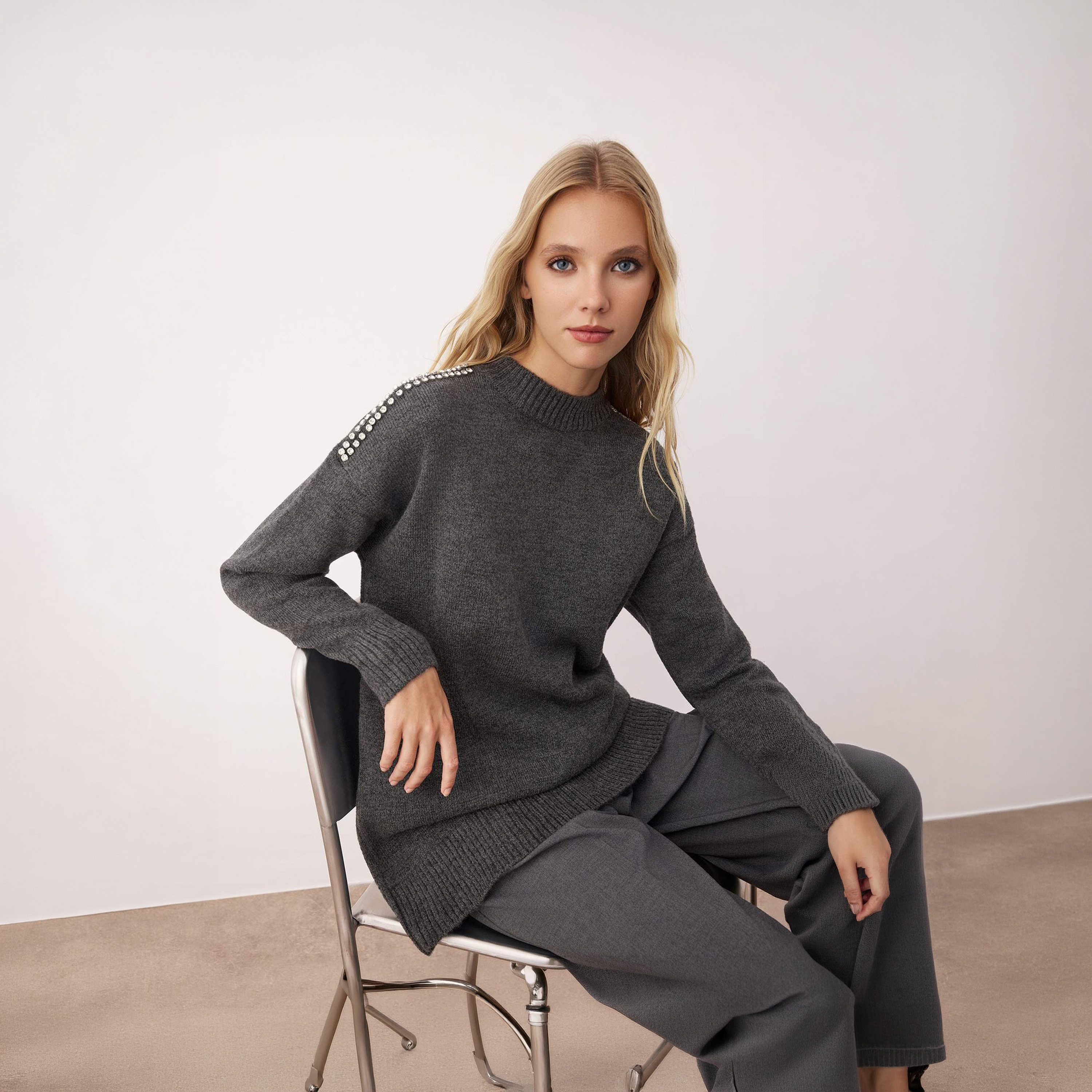 Trendyol Modest Grey Rhinestone Detailed Mock Neck Dropped Sleeves Women's Sweater-women-winterwear-cardigansandjumpers-jumpers-image-2
