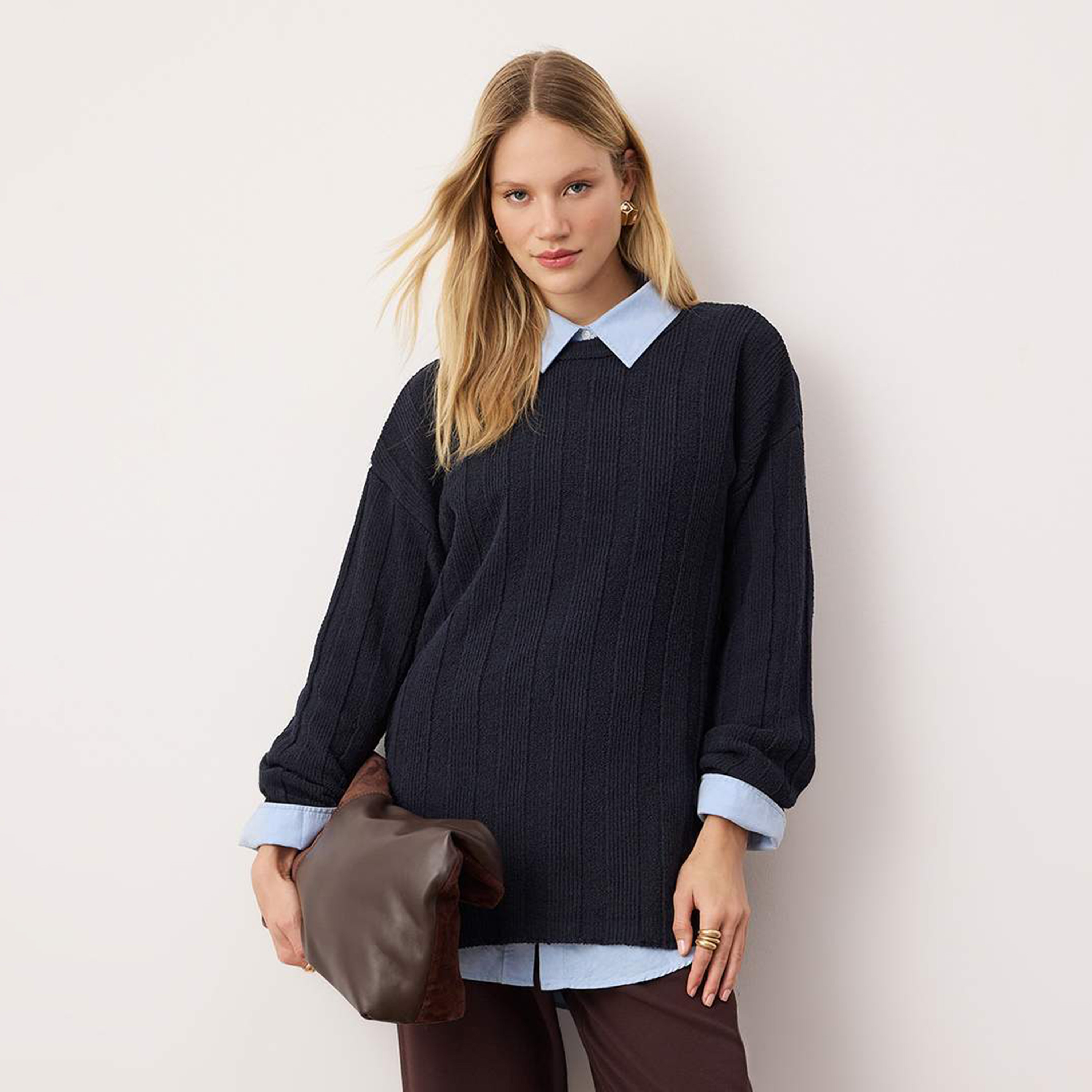 Trendyol Modest Navy Ribbed Dropped Sleeves Women's Sweater-women-winterwear-cardigansandjumpers-jumpers-image-1