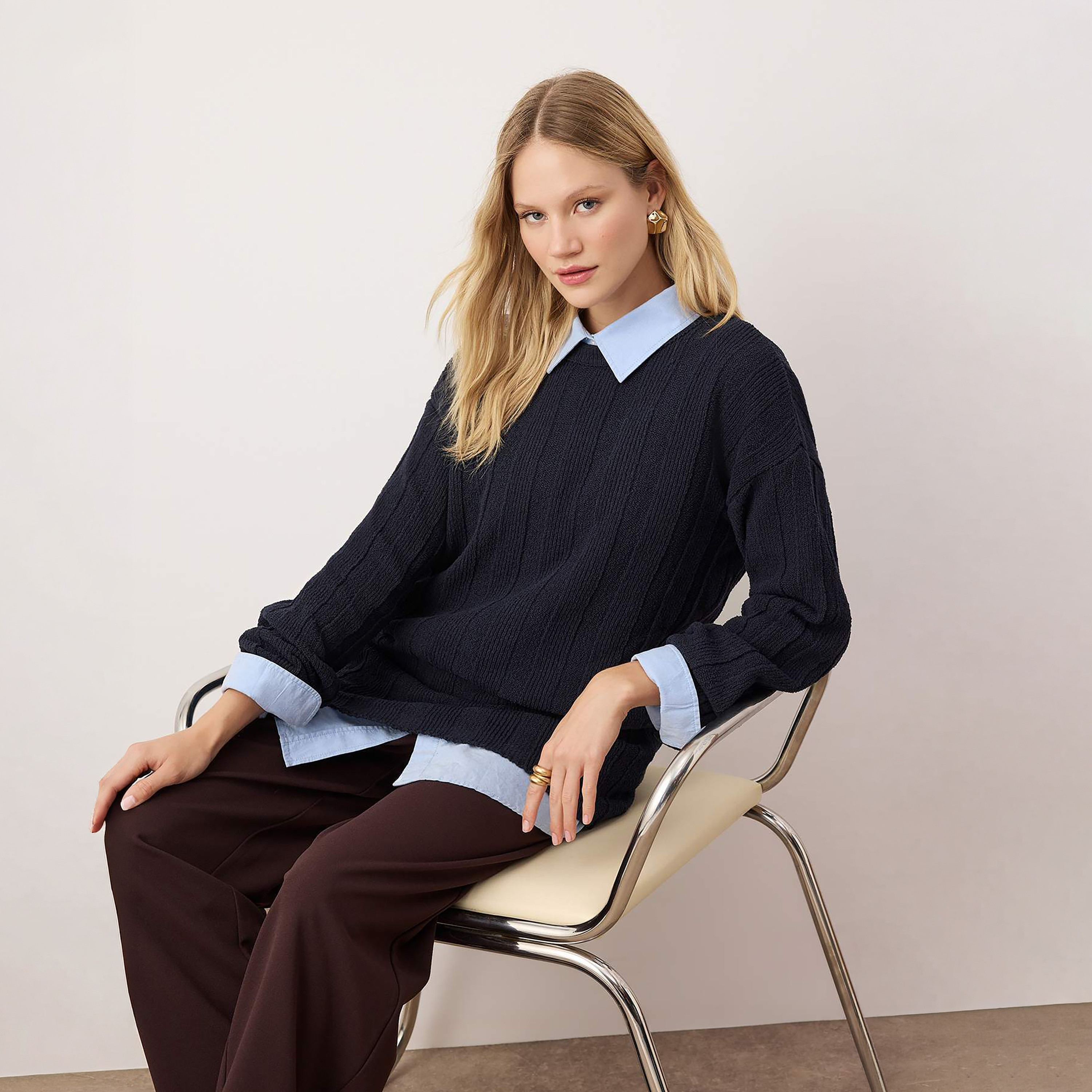Trendyol Modest Navy Ribbed Dropped Sleeves Women's Sweater-women-winterwear-cardigansandjumpers-jumpers-image-3